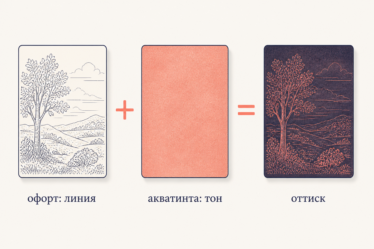 Схема печати листа Капричос: офортная линия и тоновое поле акватинты дают чёрный оттиск