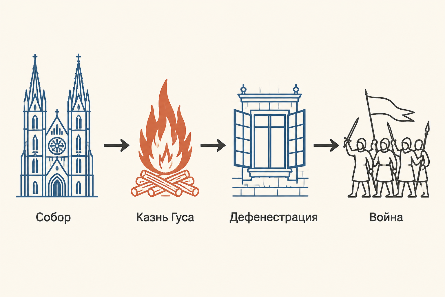 Схема перехода от церковного спора к войне: Констанцский собор, казнь Яна Гуса, пражская дефенестрация и гуситское движение