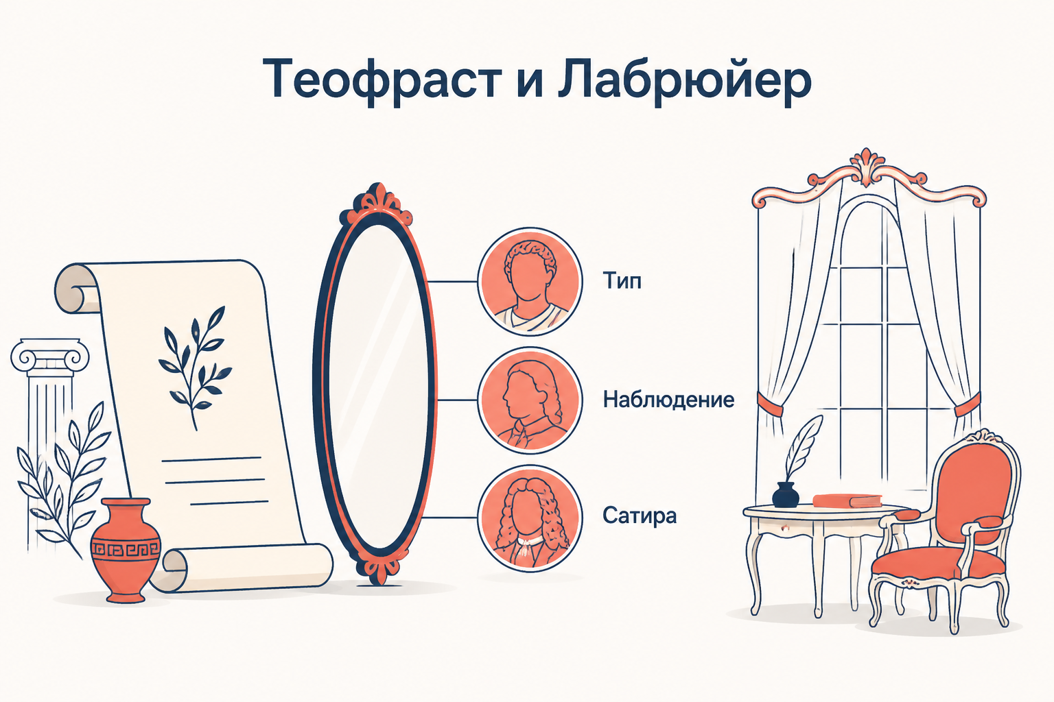 Два зеркала: античный портрет Теофраста и французский салон Лабрюйера, ярлыки «Тип», «Наблюдение», «Сатира»