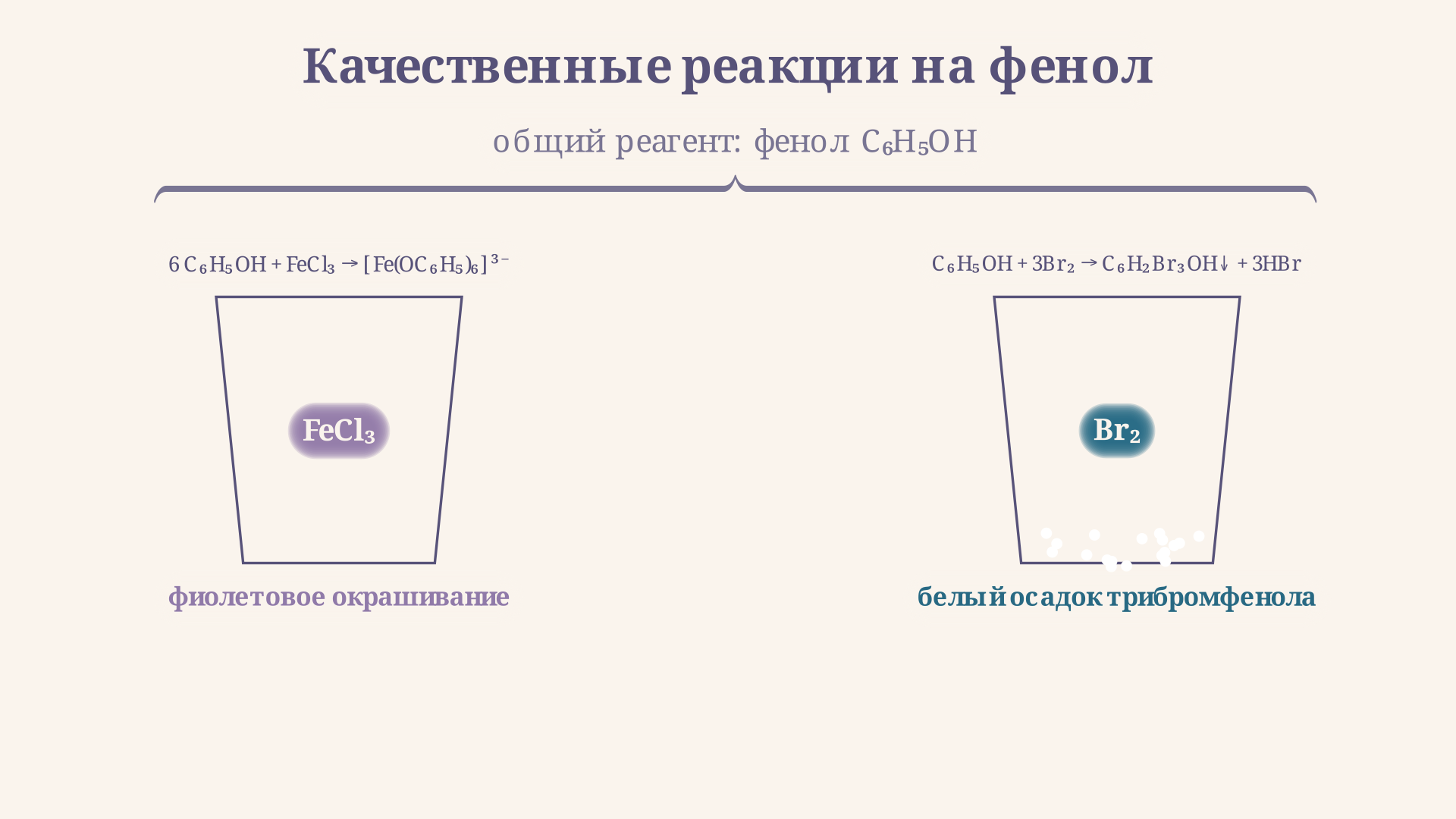 Схема качественных реакций фенола: с FeCl3 - фиолетовый комплекс, с Br2(водн.) - белый осадок трибромфенола