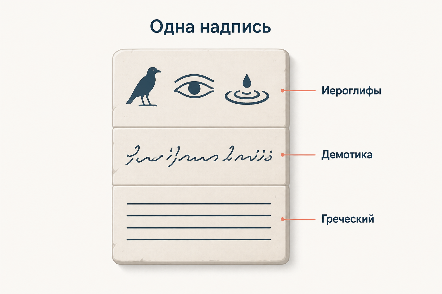 Схема Розеттского камня: одна надпись, записанная иероглифами, демотикой и греческим письмом