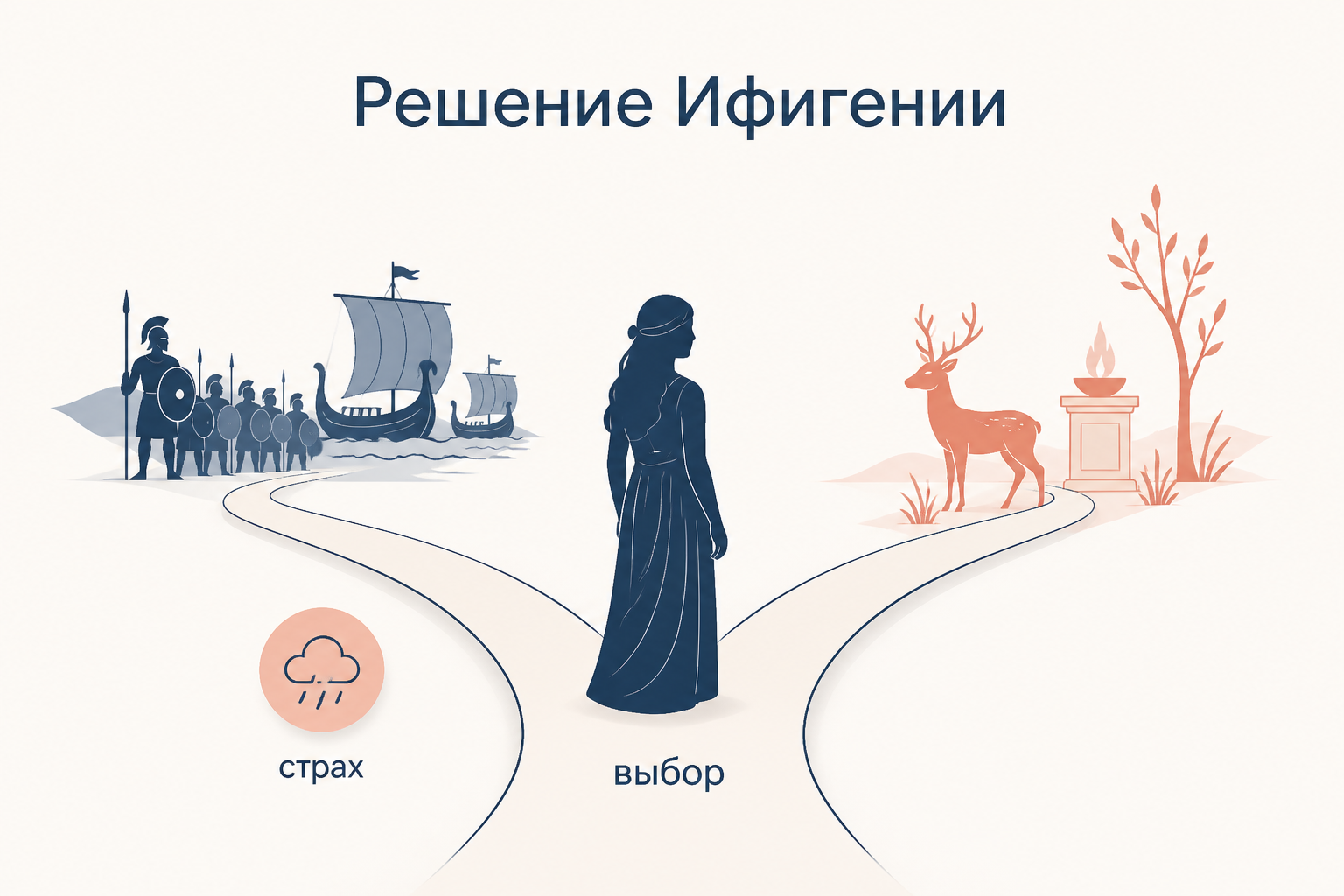 Ифигения перед выбором: жертвенный алтарь, олений силуэт и ожидающие корабли