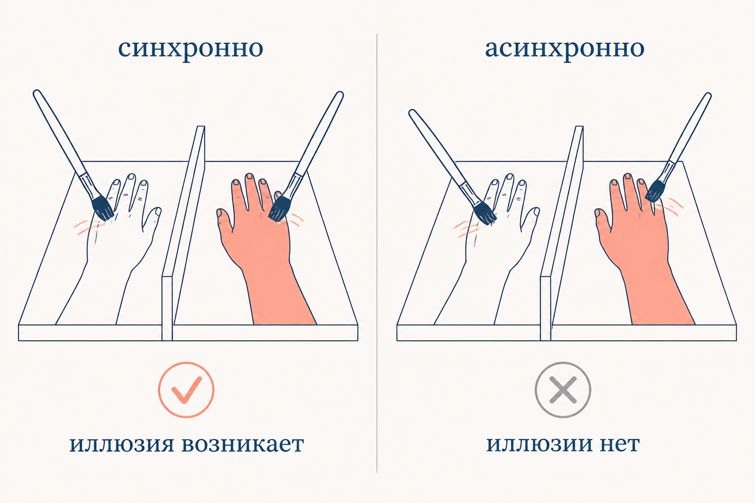Сравнение двух условий: при синхронном поглаживании иллюзия возникает, при асинхронном - нет