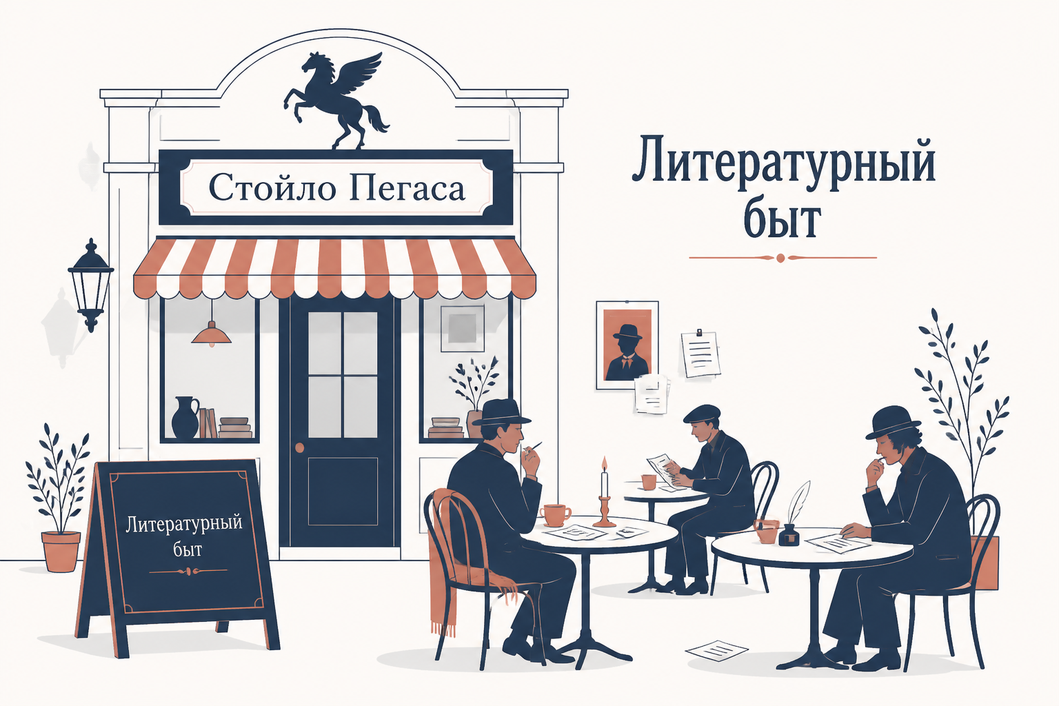 Кафе имажинистов Стойло Пегаса с вывеской, силуэты поэтов за столиками, подпись Литературный быт имажинистов
