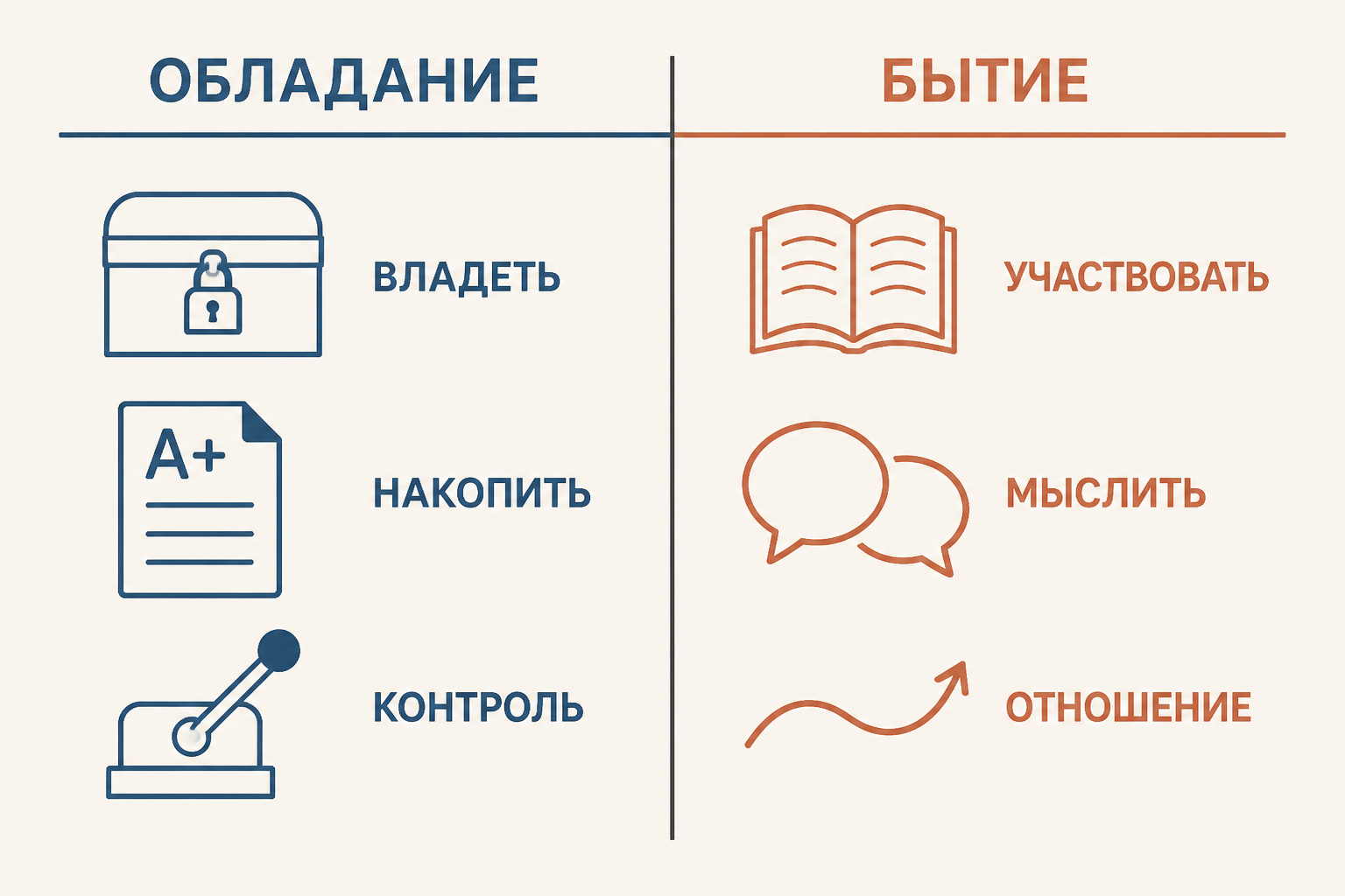 Схема двух модусов Фромма: обладание с контролем и накоплением и бытие с мышлением и отношением