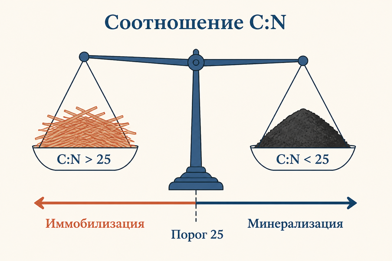 Весы баланса: при соотношении C:N выше 25 чаша склоняется к иммобилизации, ниже 25 - к минерализации, порог отмечен посередине