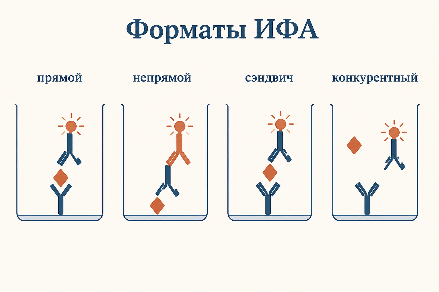 Сравнение четырех форматов ИФА: прямой, непрямой, сэндвич и конкурентный варианты в отдельных лунках