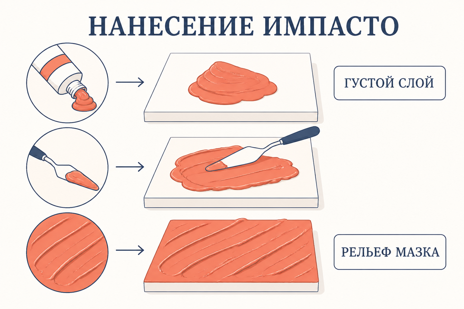Схема нанесения густого слоя импасто и рельефная фактура холста