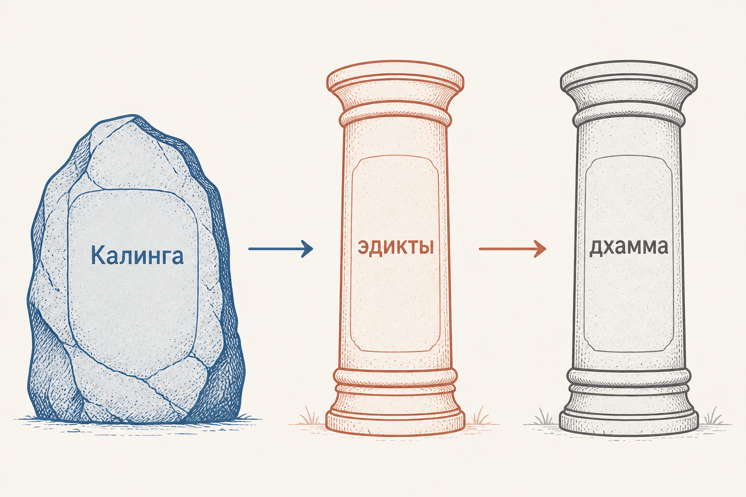Схема эдиктов Ашоки: Калинга, раскаяние и дхамма