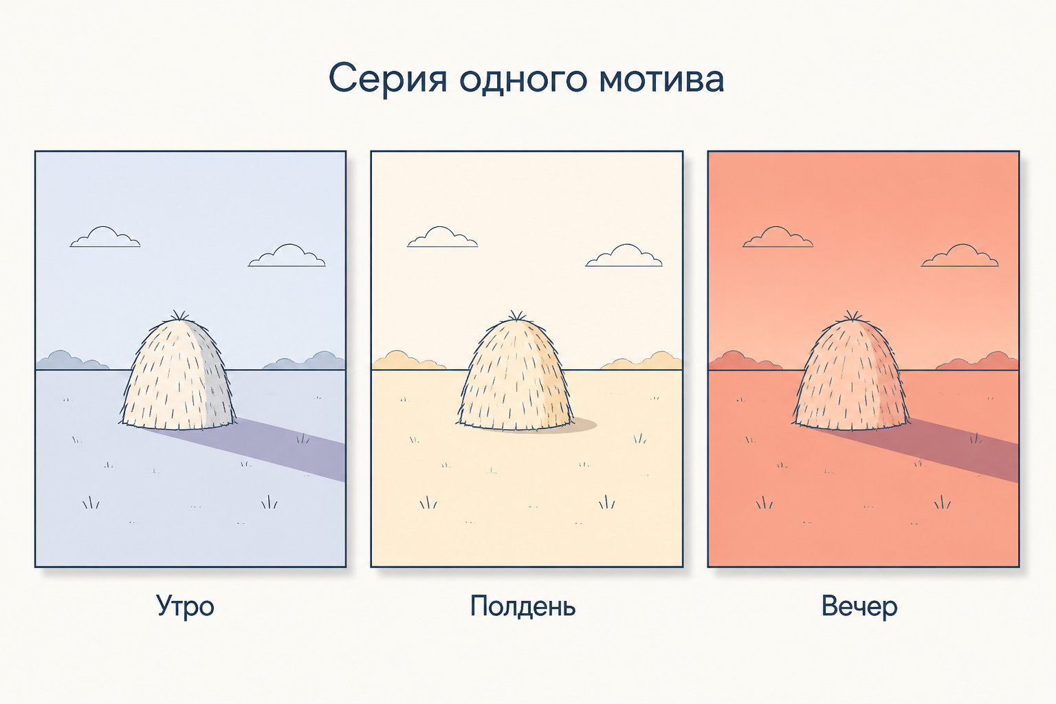 Один и тот же мотив в сериях Моне при утреннем, дневном и вечернем свете