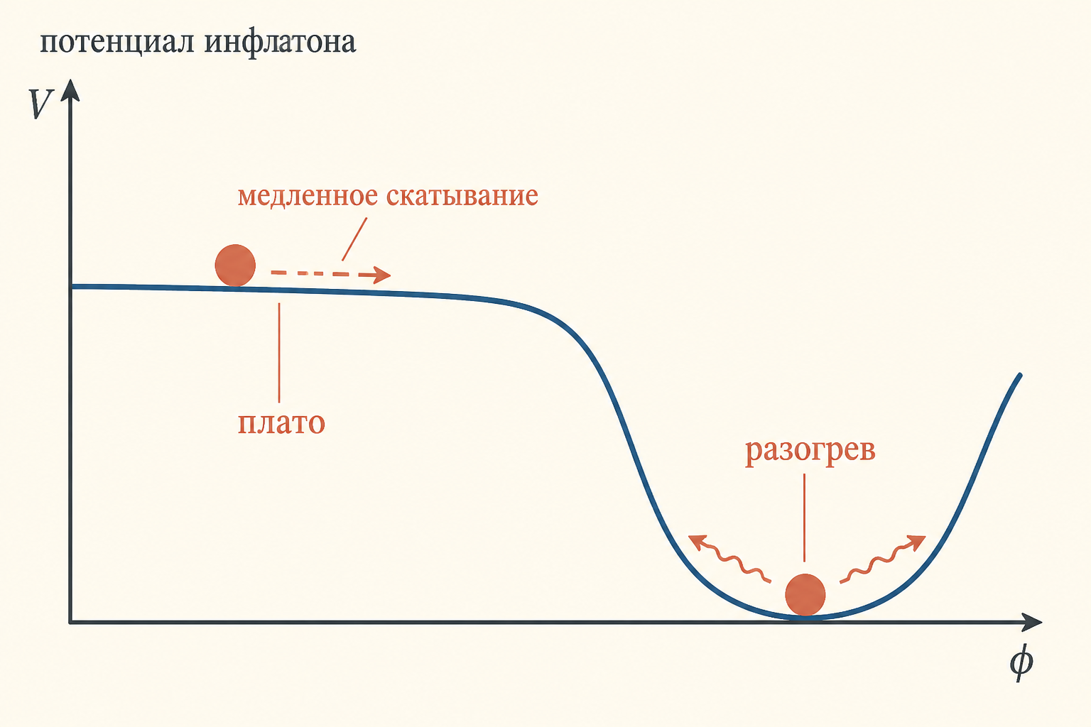 Потенциал инфлатона: пологое плато медленного скатывания и осцилляции у минимума на стадии разогрева