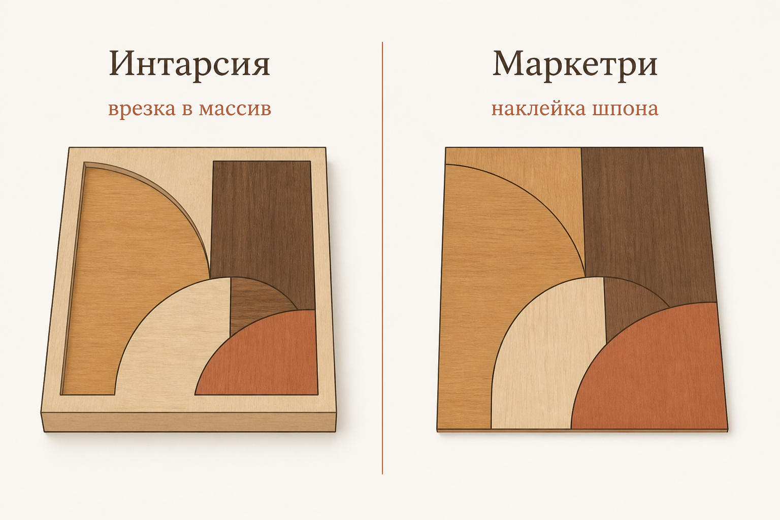 Схема различий: интарсия - врезка фигурных кусочков в углубления массива; маркетри - наклейка тонкого шпона на поверхность встык