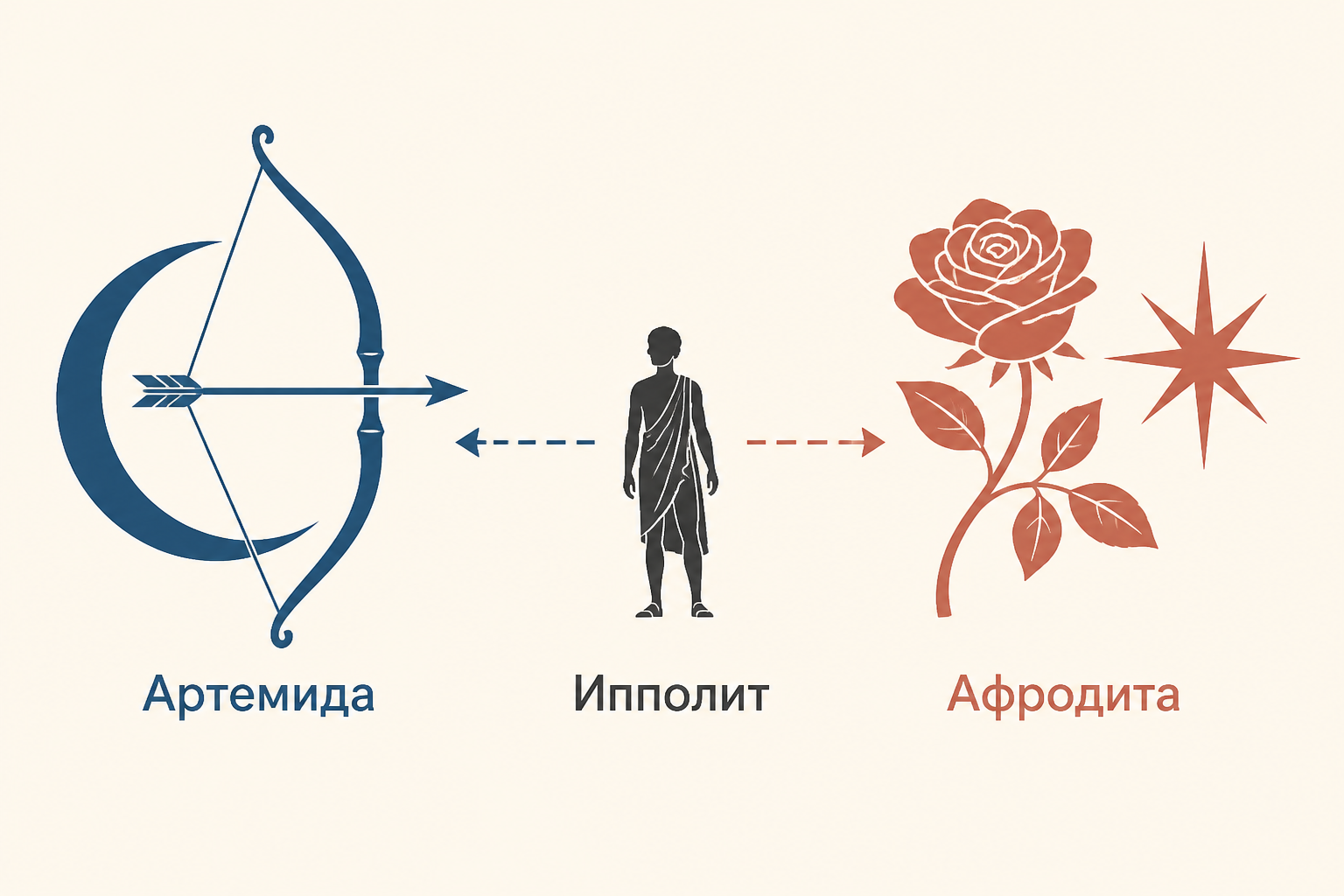 Статуи Афродиты и Артемиды по разные стороны дворца, между ними венок Ипполита