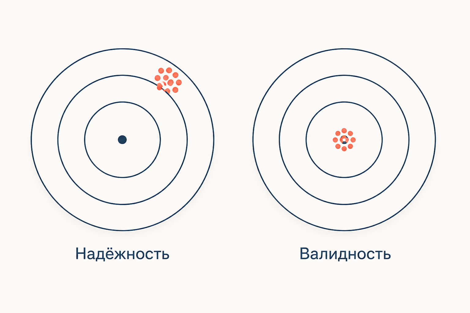 Две мишени: слева кучные попадания в стороне от центра это надёжность без валидности, справа та же кучность точно в центре это надёжность вместе с валидностью