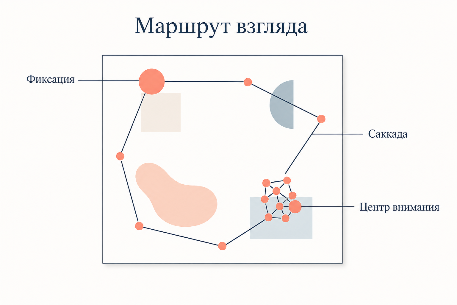 Маршрут взгляда по картине: крупные фиксации, соединяющие их саккады и центр внимания