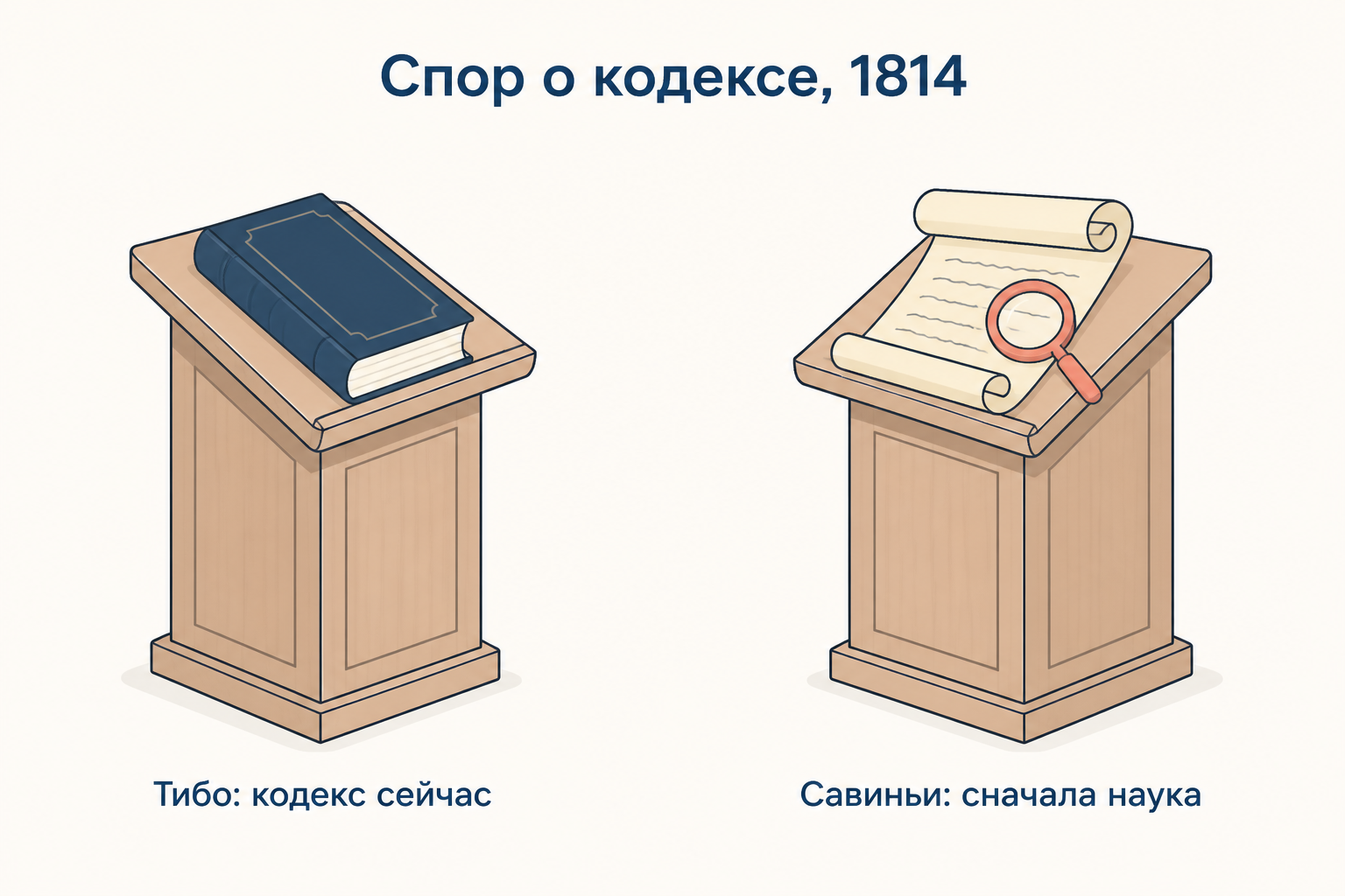 Спор о кодексе 1814 года: на одной кафедре готовый кодекс Тибо, на другой свиток источников и лупа Савиньи