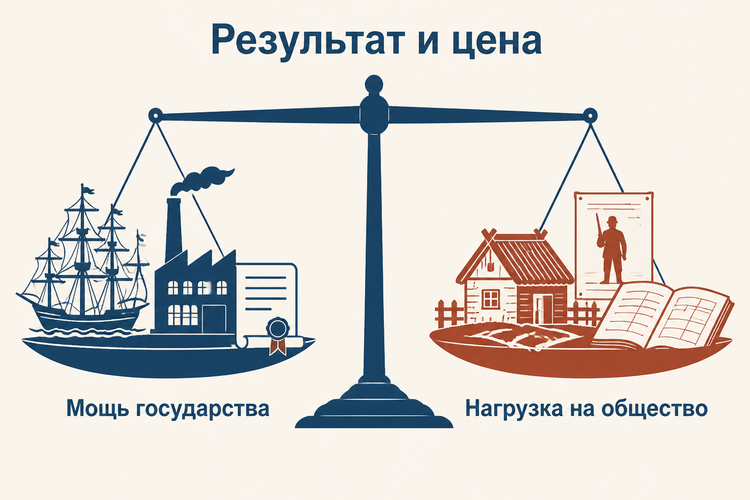 Сопоставление усиления государства и нагрузки на общество при петровских реформах