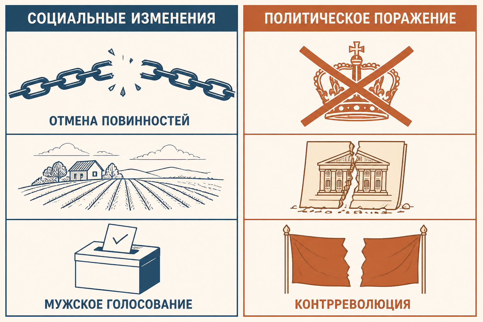 Две линии итогов 1848 года: устойчивые социальные реформы и подавленные политические проекты