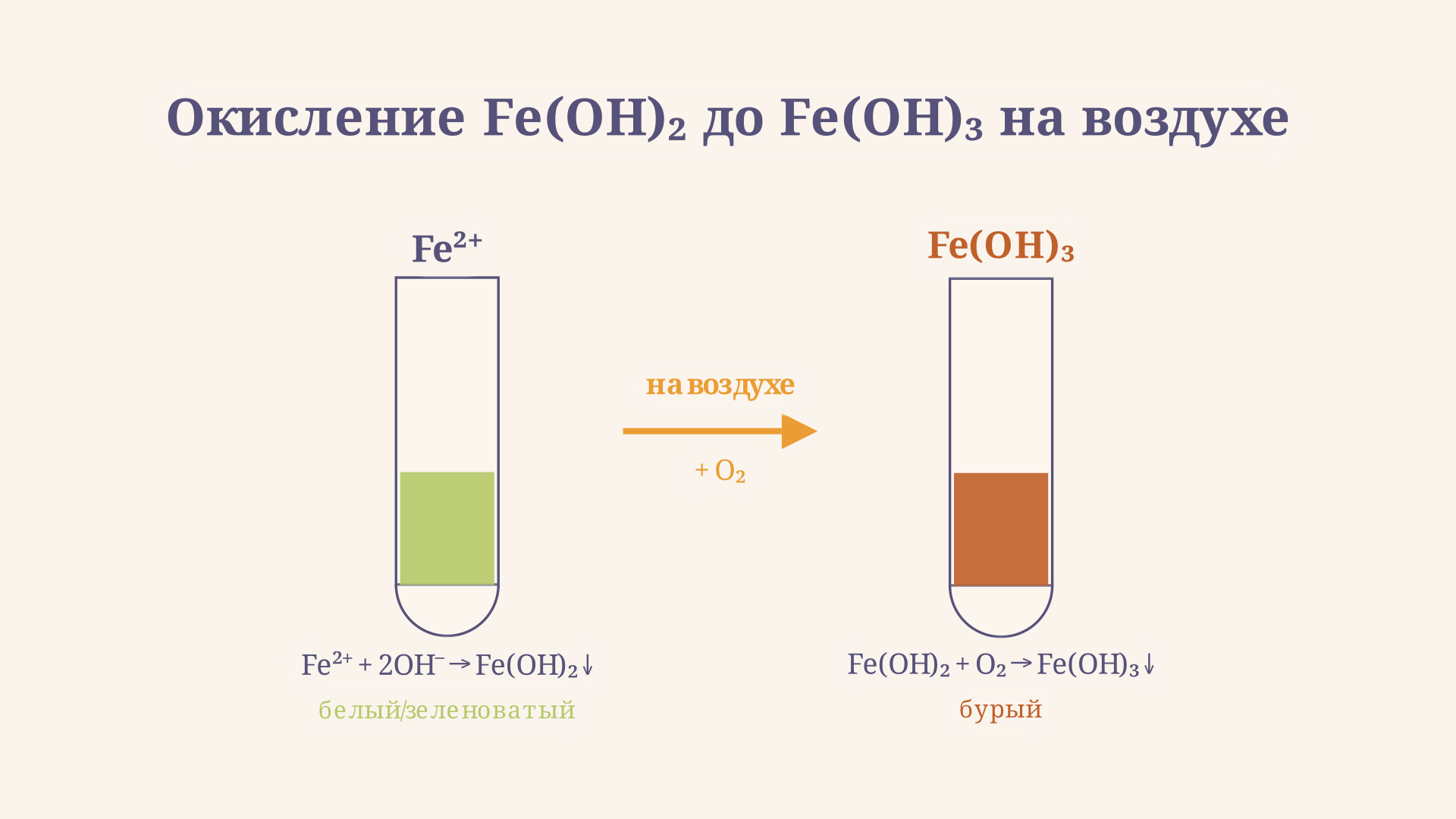 Сравнение осадков Fe(OH)2 и Fe(OH)3: слева белый свежеосаждённый гидроксид железа(II), справа бурый гидроксид железа(III), образующийся при окислении