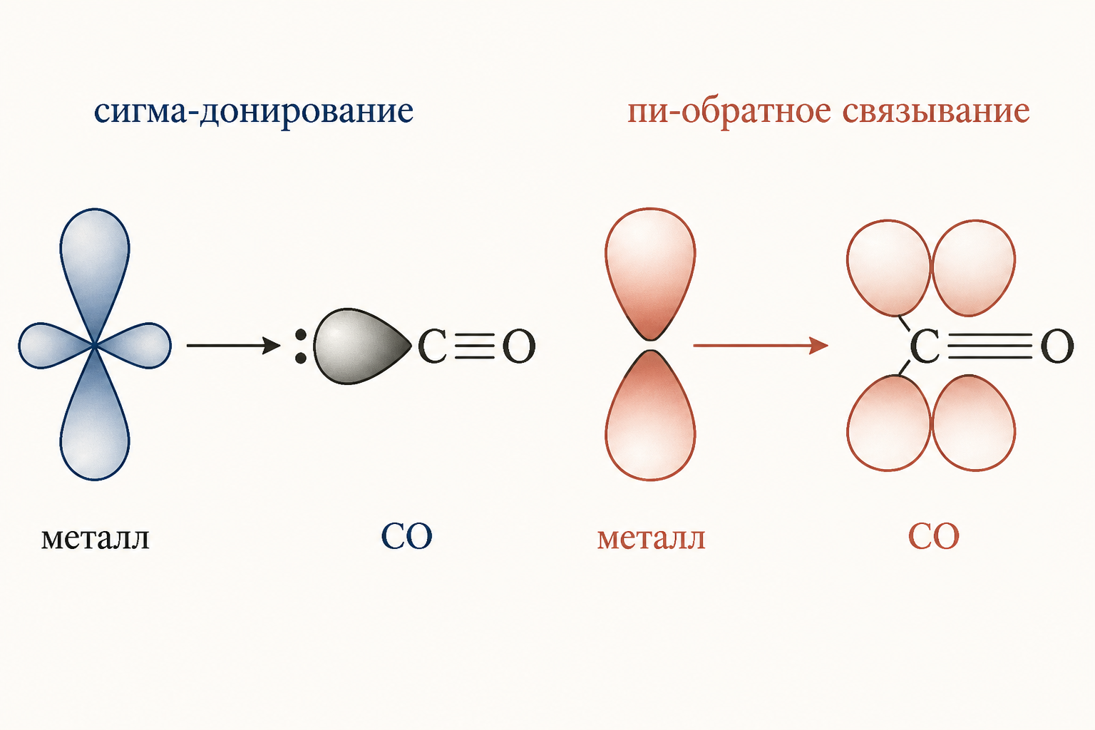 Схема двух компонентов связи металл-CO: слева сигма-донирование неподелённой пары углерода на пустую орбиталь металла, справа пи-обратное связывание заполненной d-орбитали металла на разрыхляющую орбиталь CO