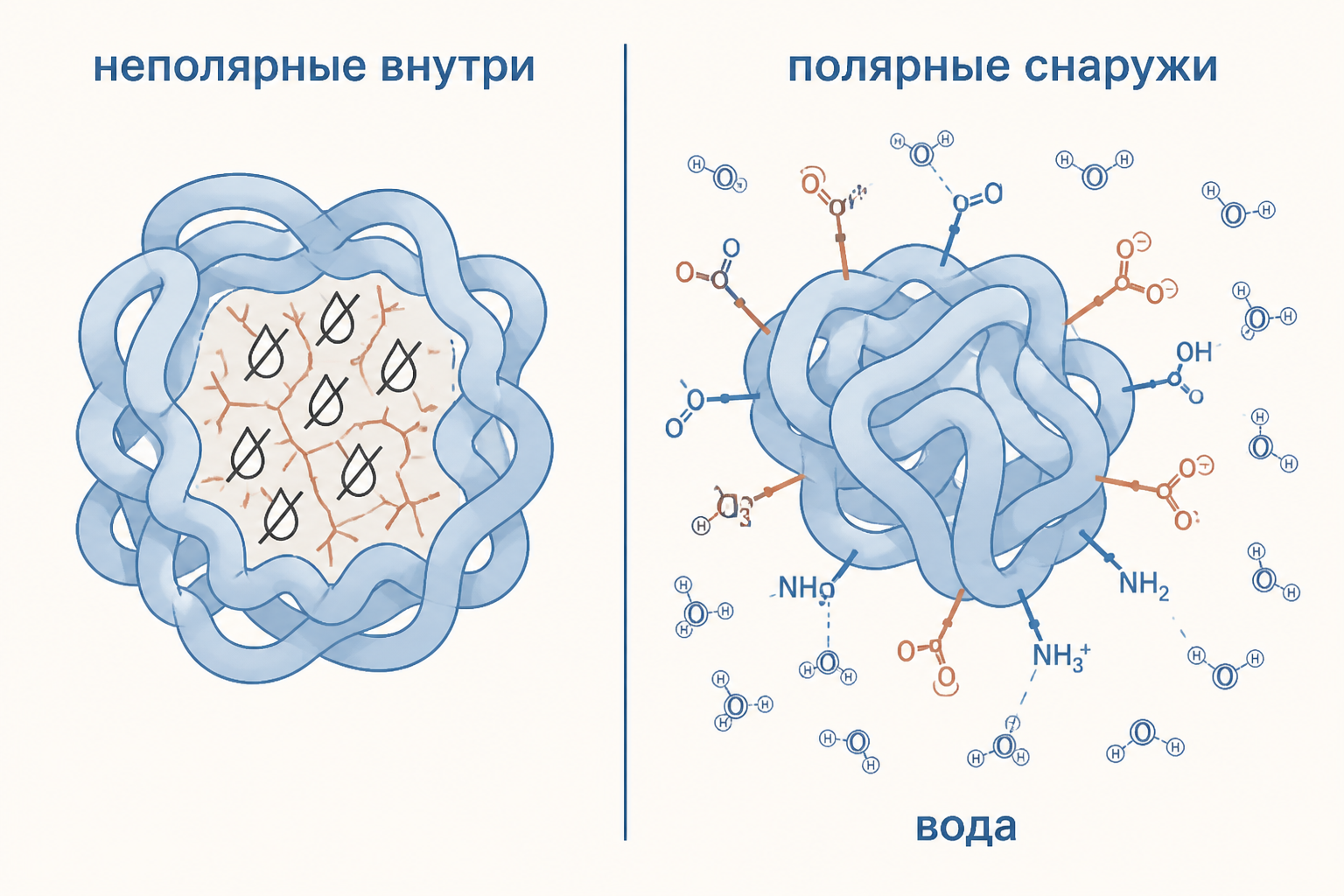 Скелет аминокислоты и четыре класса радикалов: неполярные, полярные, кислые, основные