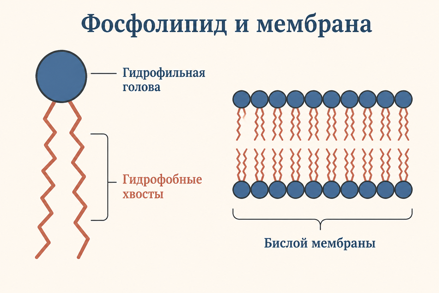 Фосфолипид с гидрофильной головой и гидрофобными хвостами и двойной слой мембраны из таких молекул