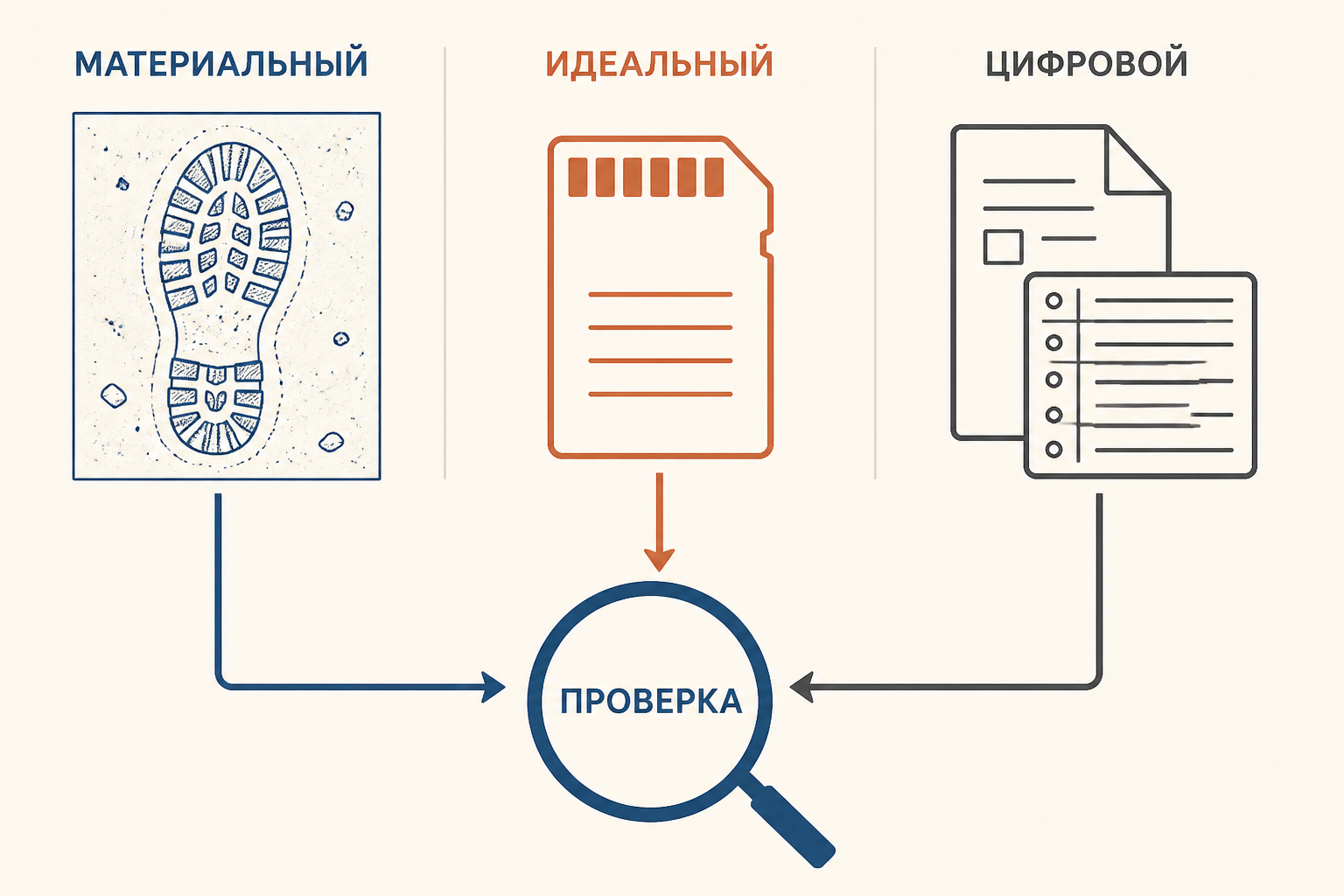 Схема различия материального, идеального и цифрового следа
