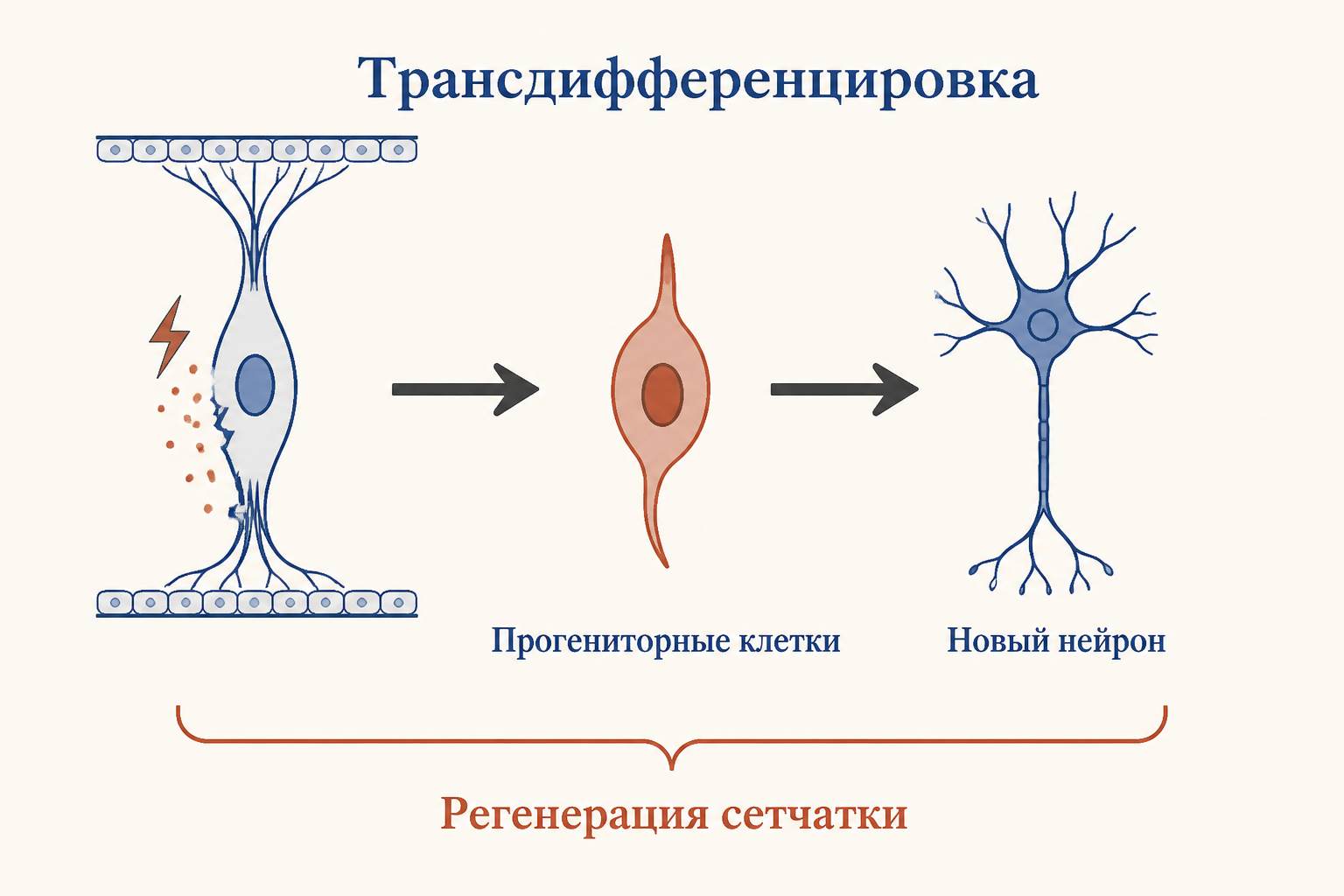 Трансдифференцировка клеток Мюллера: регенерация сетчатки, прогениторные клетки, нейроны