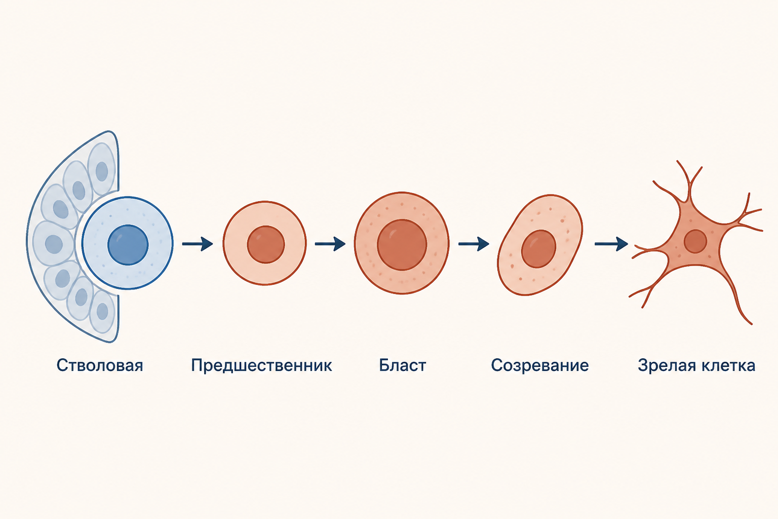 Схема показывает клеточный дифферон как последовательность от стволовой клетки к зрелой