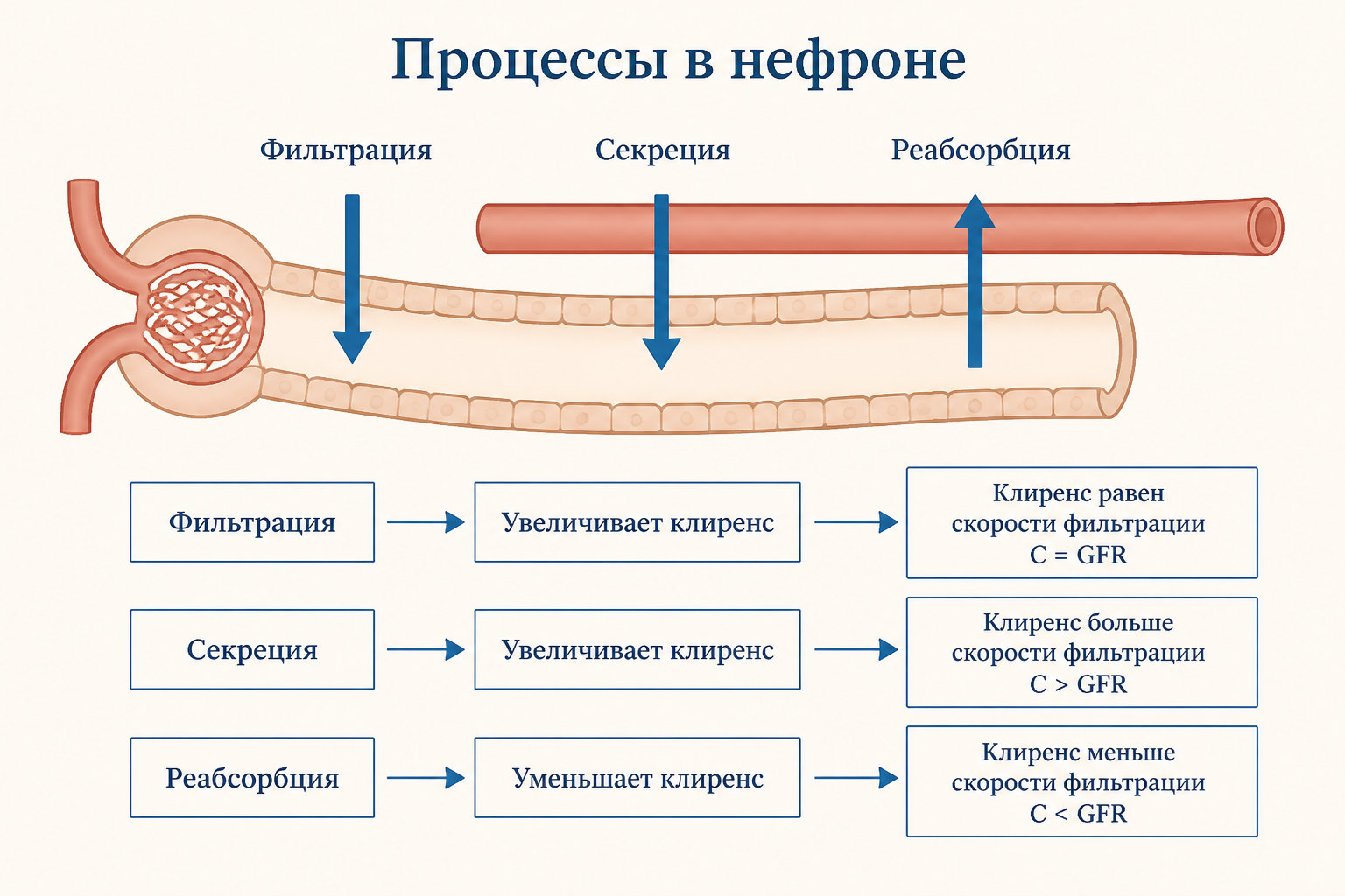 Схема трёх почечных процессов: фильтрация в клубочке, секреция и реабсорбция в канальце с влиянием на клиренс