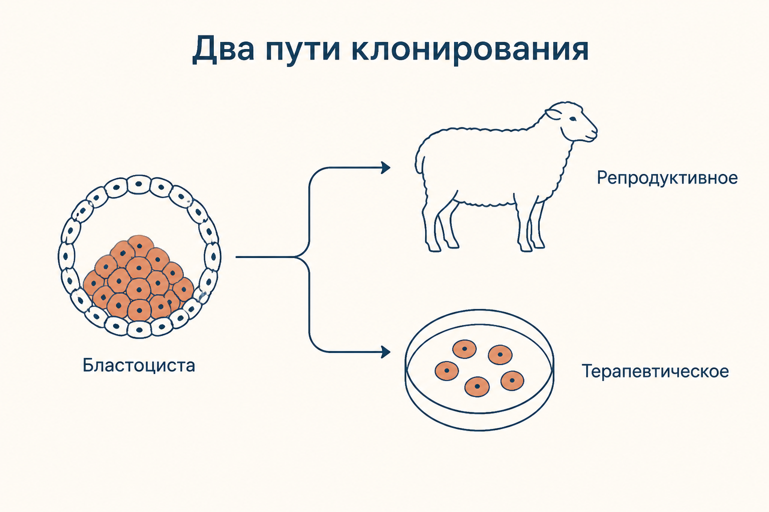 Сравнение репродуктивного и терапевтического клонирования: в первом случае зародыш переносят суррогатной матери, во втором из бластоцисты получают стволовые клетки