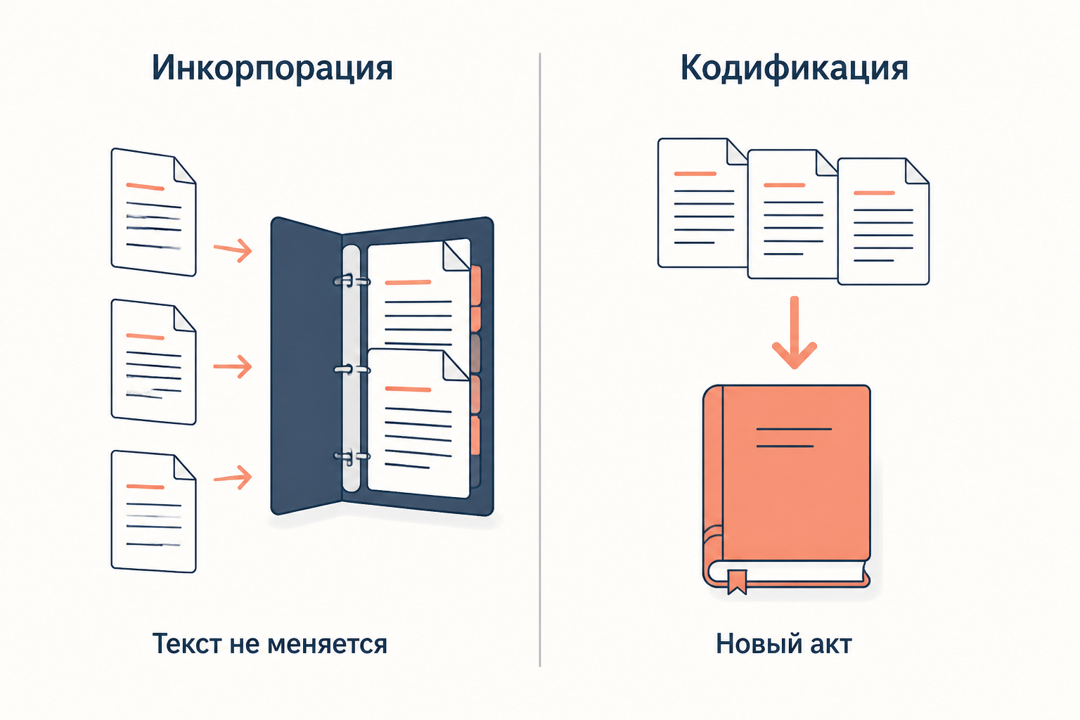 Инкорпорация складывает готовые акты в один сборник, не трогая их текст, а кодификация перерабатывает их в новый единый акт