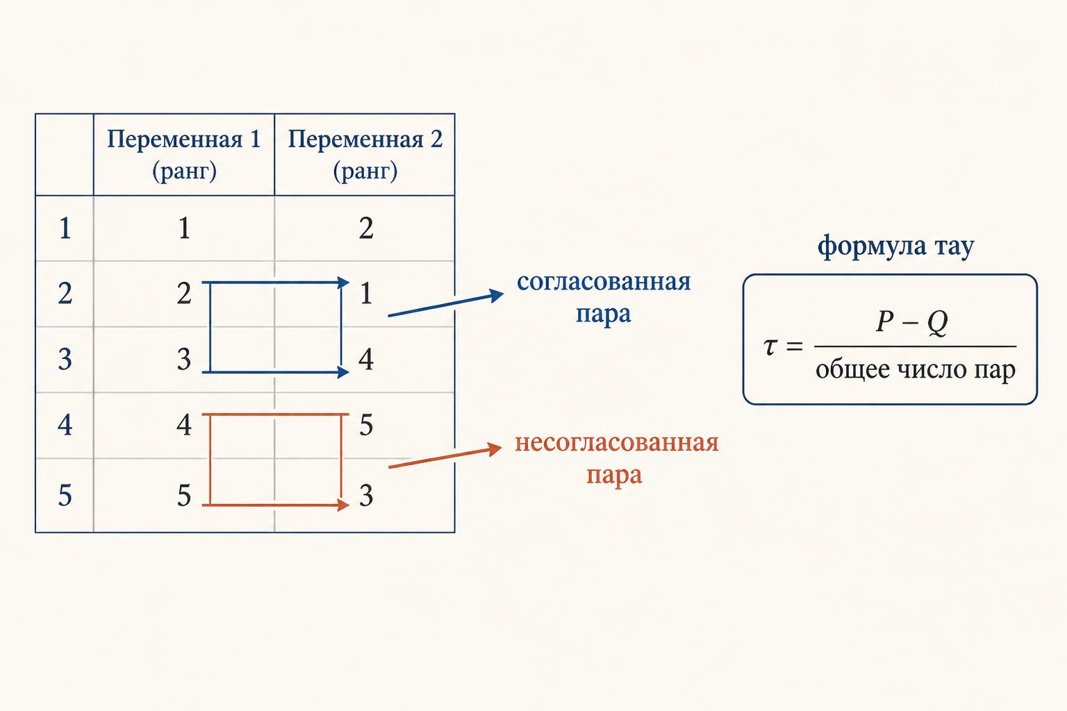 Связь рангов по двум признакам: согласованные пары идут параллельно, несогласованные пересекаются