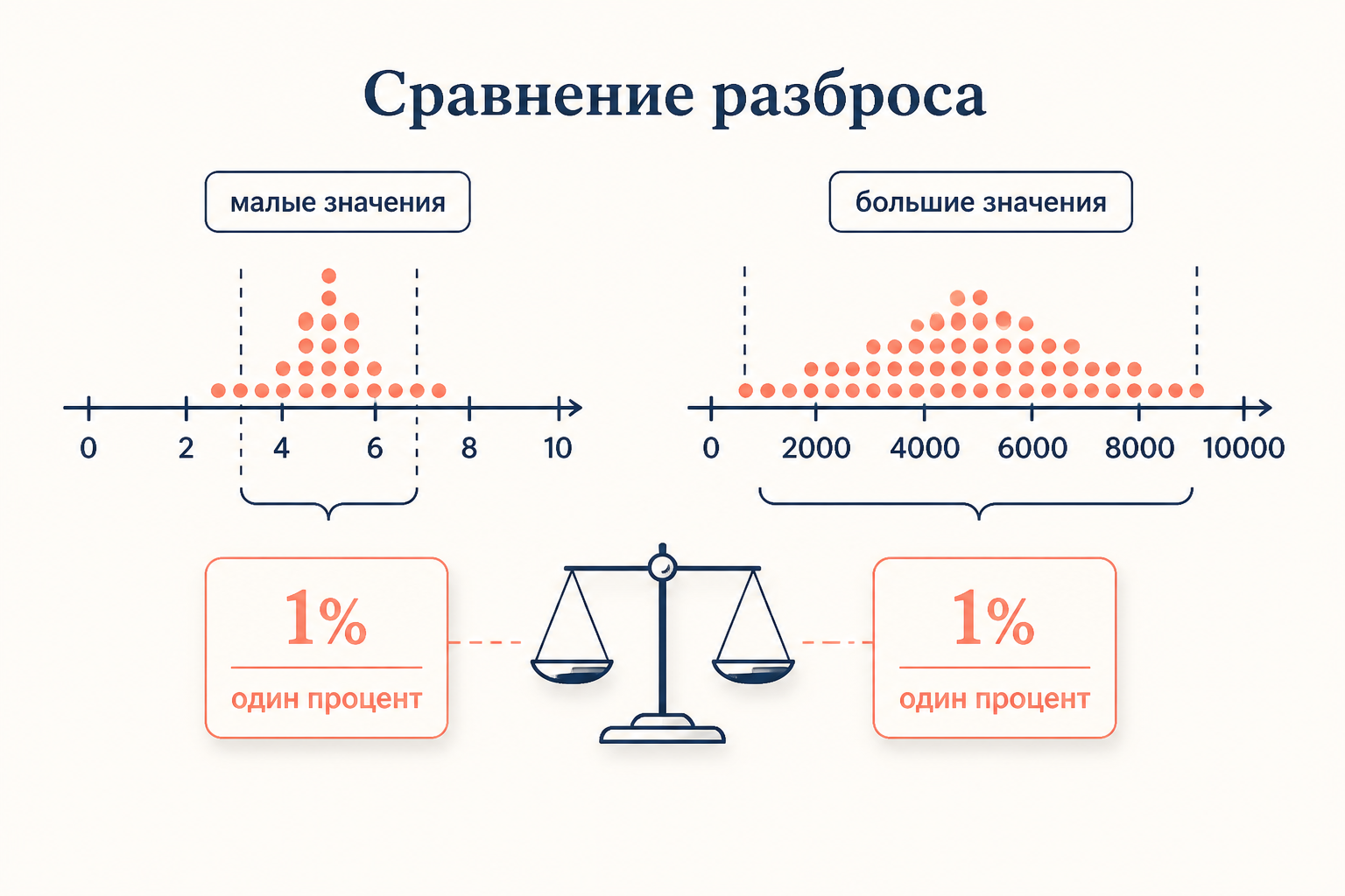 Коэффициент вариации показывает долю среднего, которую занимает стандартное отклонение: слева однородная совокупность с малым разбросом, справа неоднородная