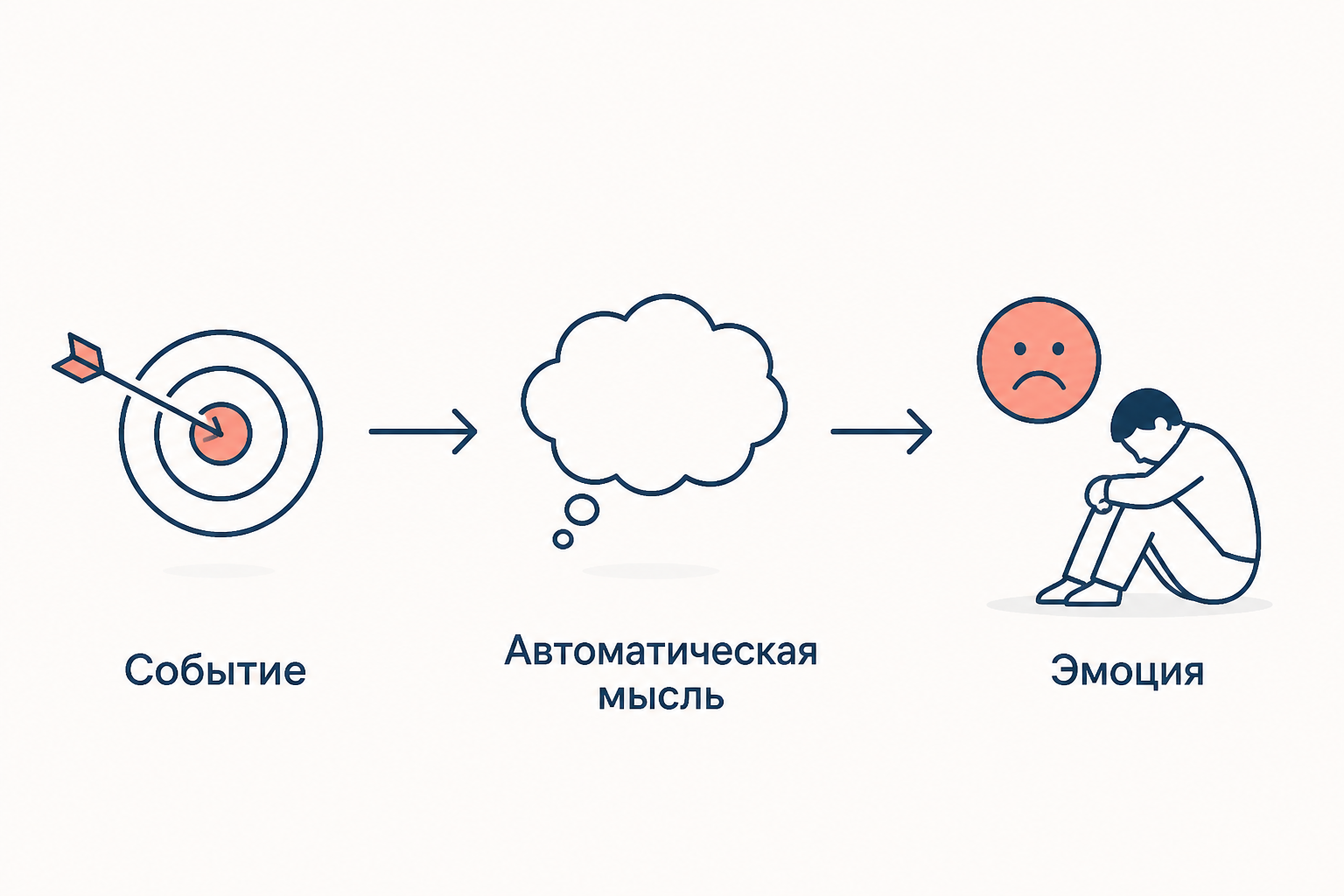Когнитивная триада Бека: внутри силуэта головы треугольник с тремя узлами Я, Мир и Будущее как три направления негативного мышления при депрессии