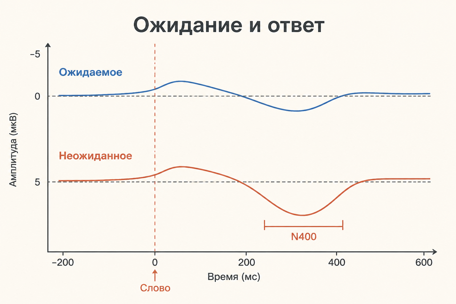 Схема cloze-вероятности: ожидаемое слово даёт малый ответ N400, неожиданное - больший
