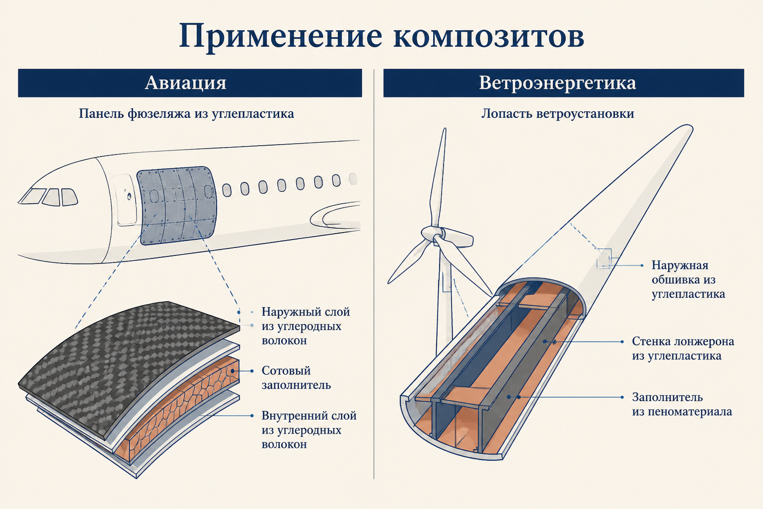 Применение: авиационная панель из углепластика и лопасть ветрогенератора