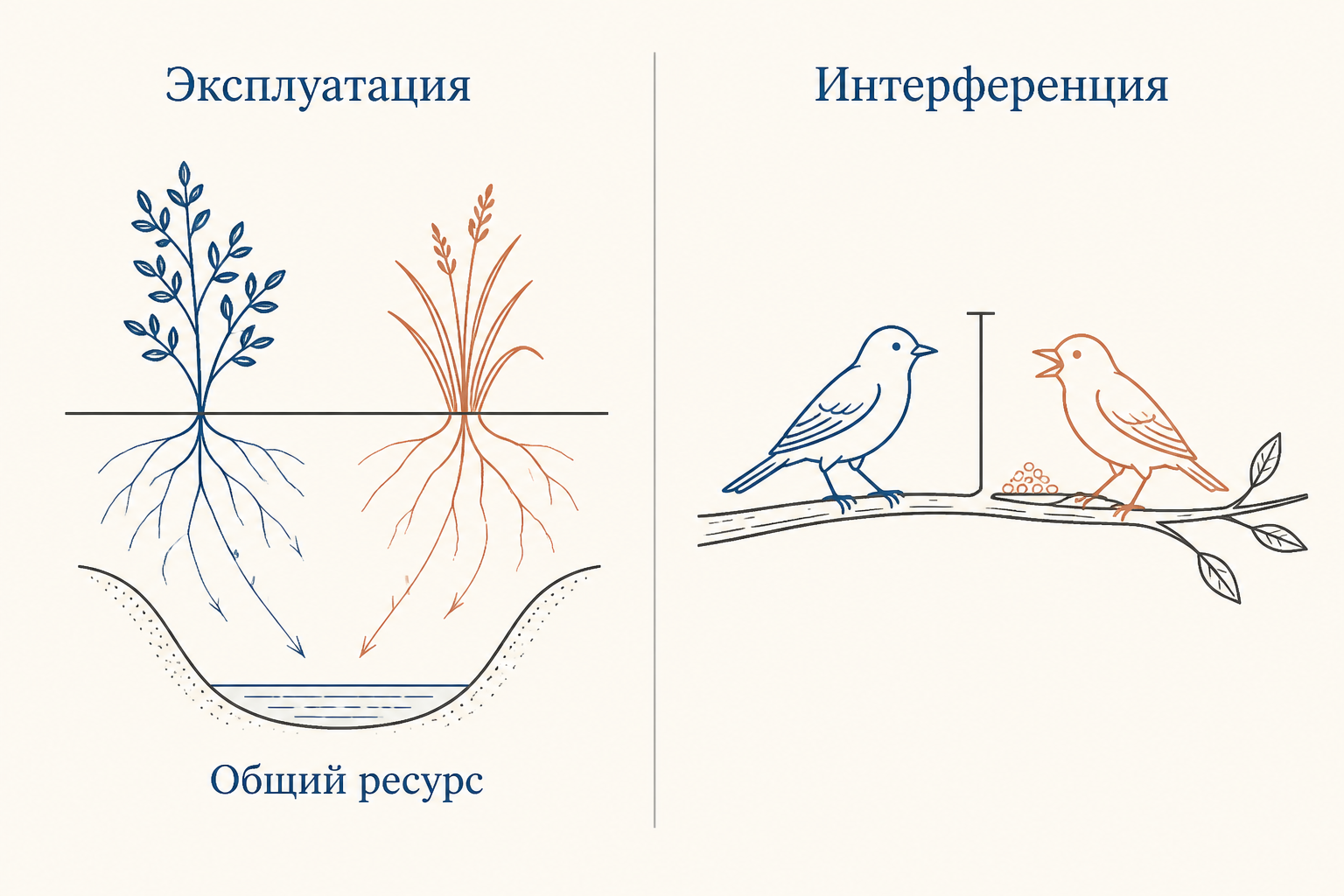 Схема двух механизмов конкуренции: при эксплуатации виды опустошают общий ресурс, при интерференции один вид прямо блокирует доступ другого