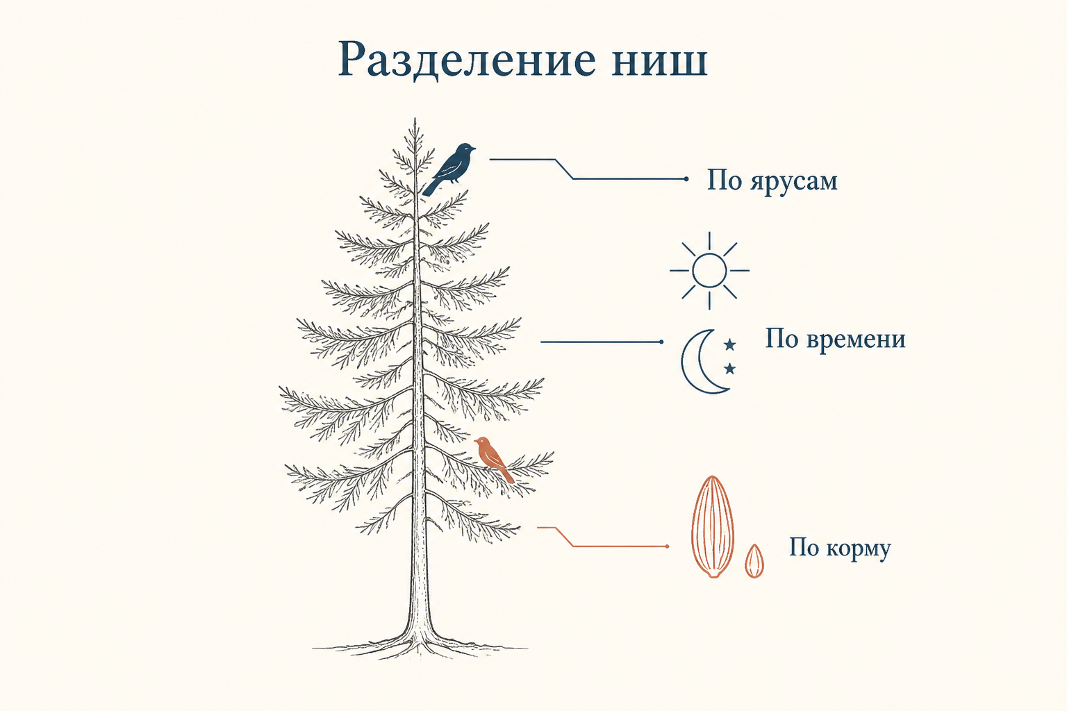 Схема разделения ниш: два вида делят ресурс по ярусам, по времени активности и по типу корма
