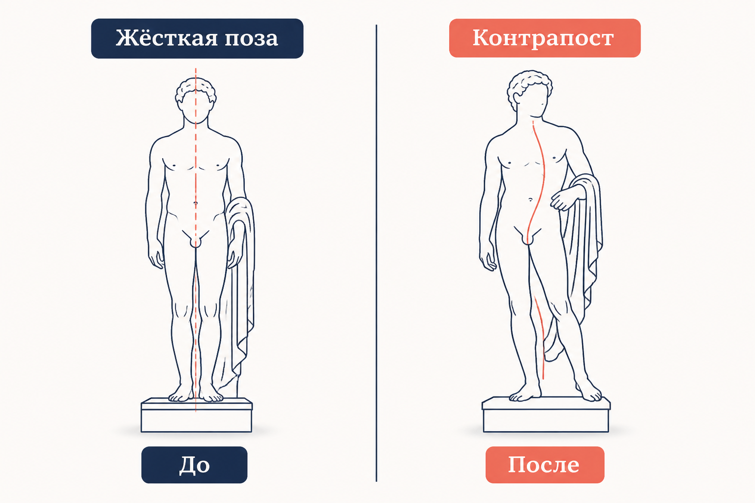Сравнение жёсткой фронтальной позы и контрапоста: слева симметричная застывшая фигура, справа фигура с переносом веса и изгибом тела