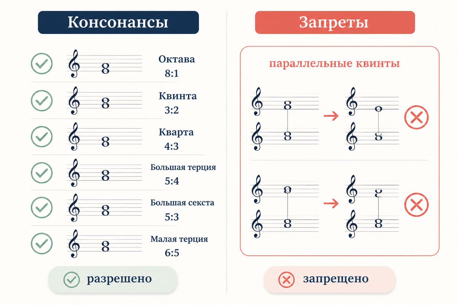 Сравнение допустимых консонансов и запрещённых параллельных квинт: слева разрешённые созвучия с интервальными отношениями, справа перечёркнутые параллели