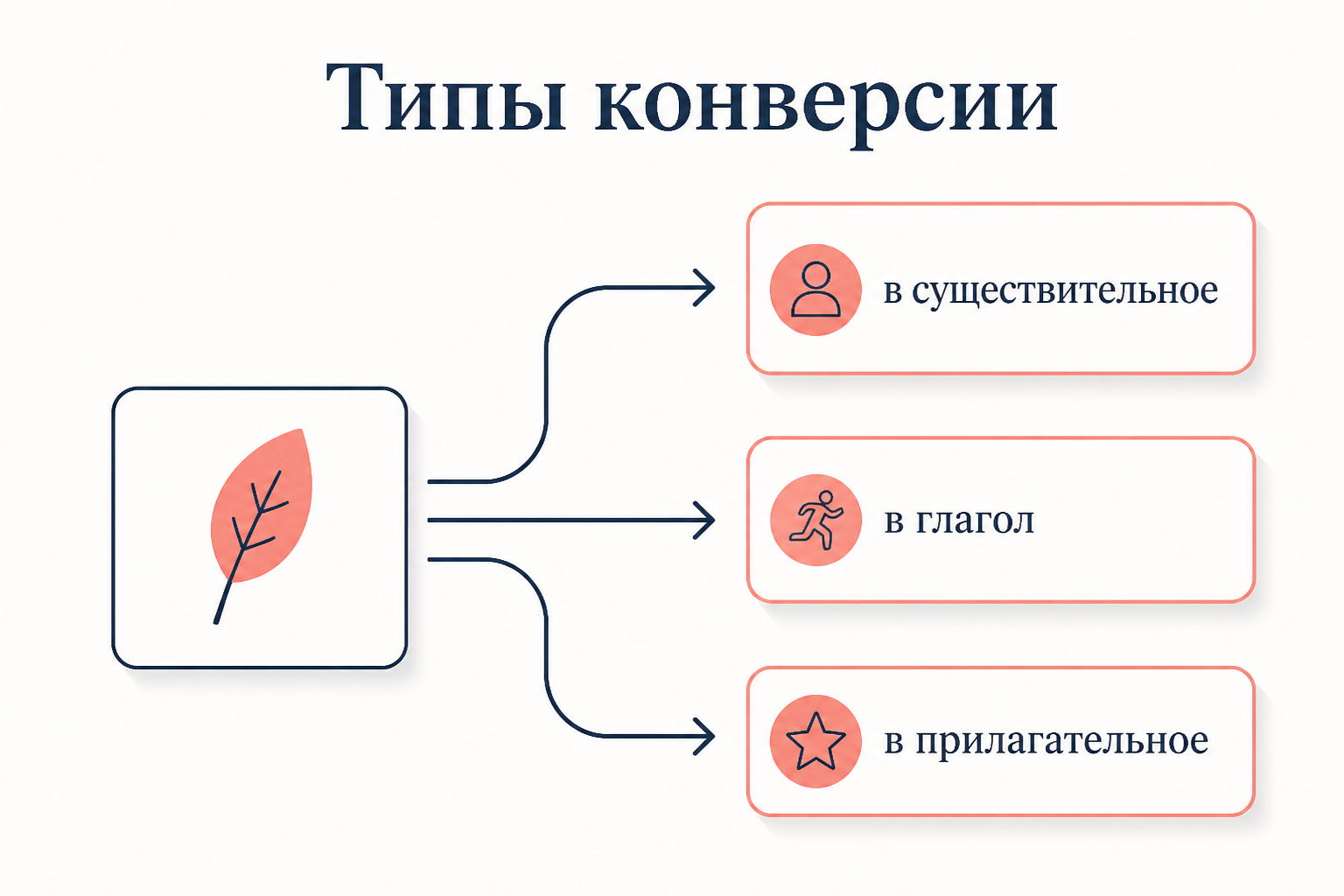 Типы конверсии: одно слово переходит в существительное, глагол или прилагательное без изменения формы