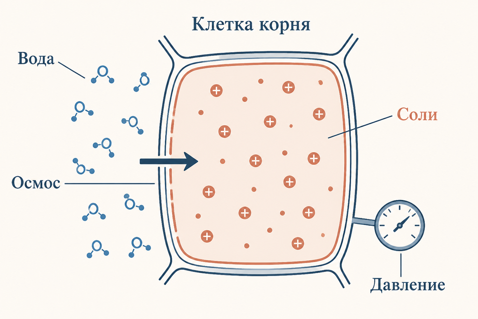 Осмос в клетке корня: вода идёт внутрь к концентрированному раствору солей и создаёт давление