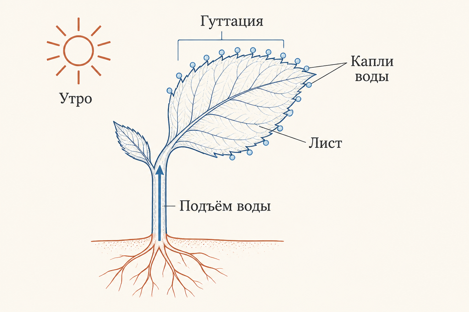 Гуттация на краях листа ранним утром как видимое проявление корневого давления