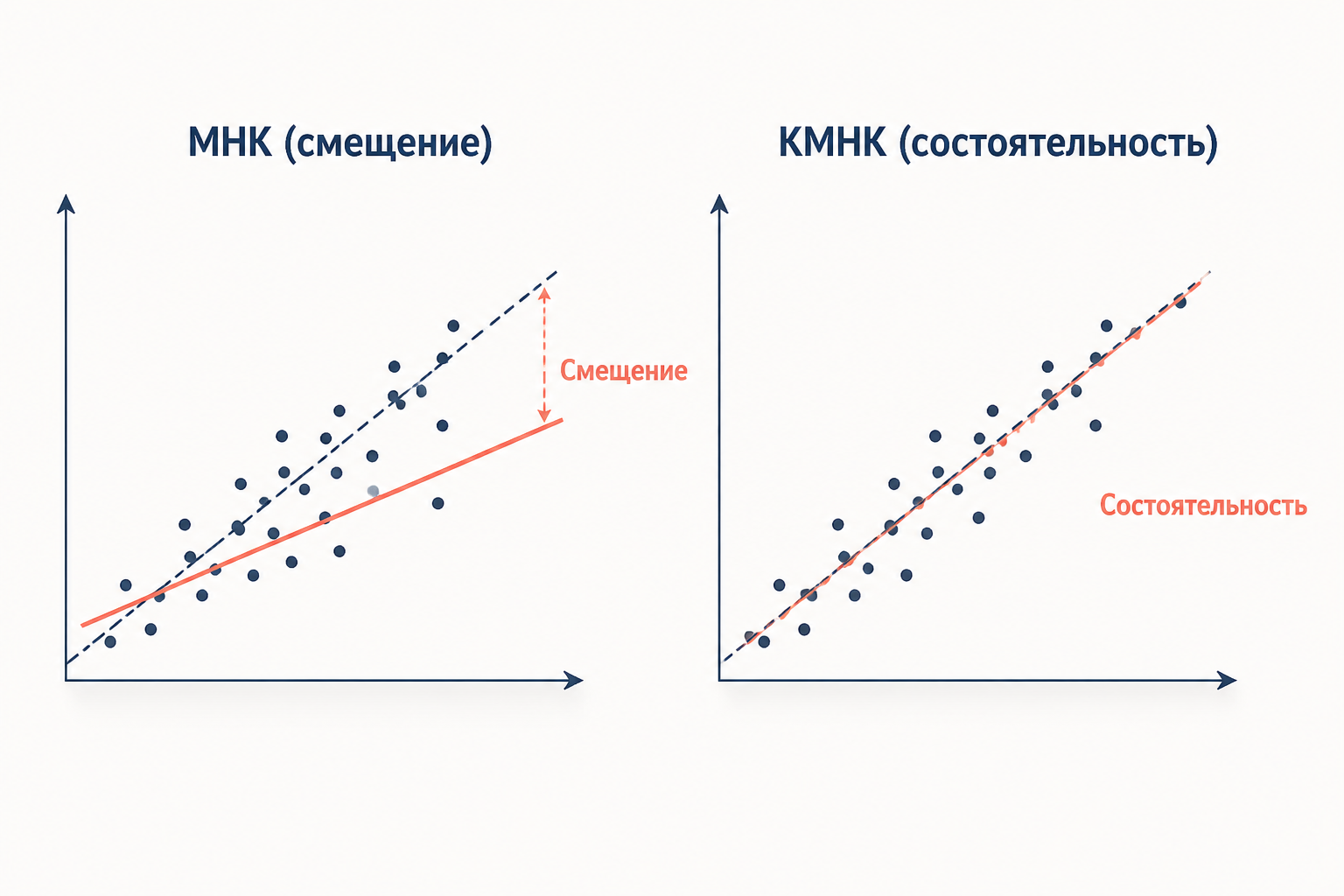 Смещение МНК при эндогенном регрессоре по сравнению с КМНК