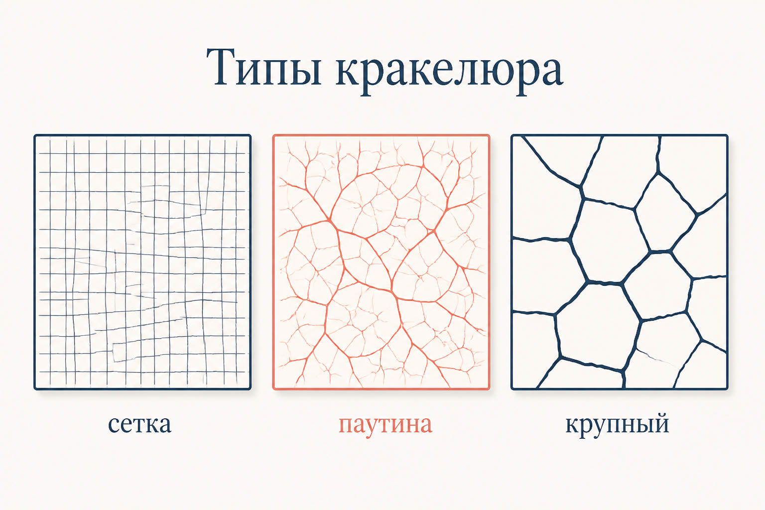 Сравнение трёх типов кракелюра: мелкая прямоугольная сетка, паутинообразные изогнутые трещины и крупный неровный рисунок