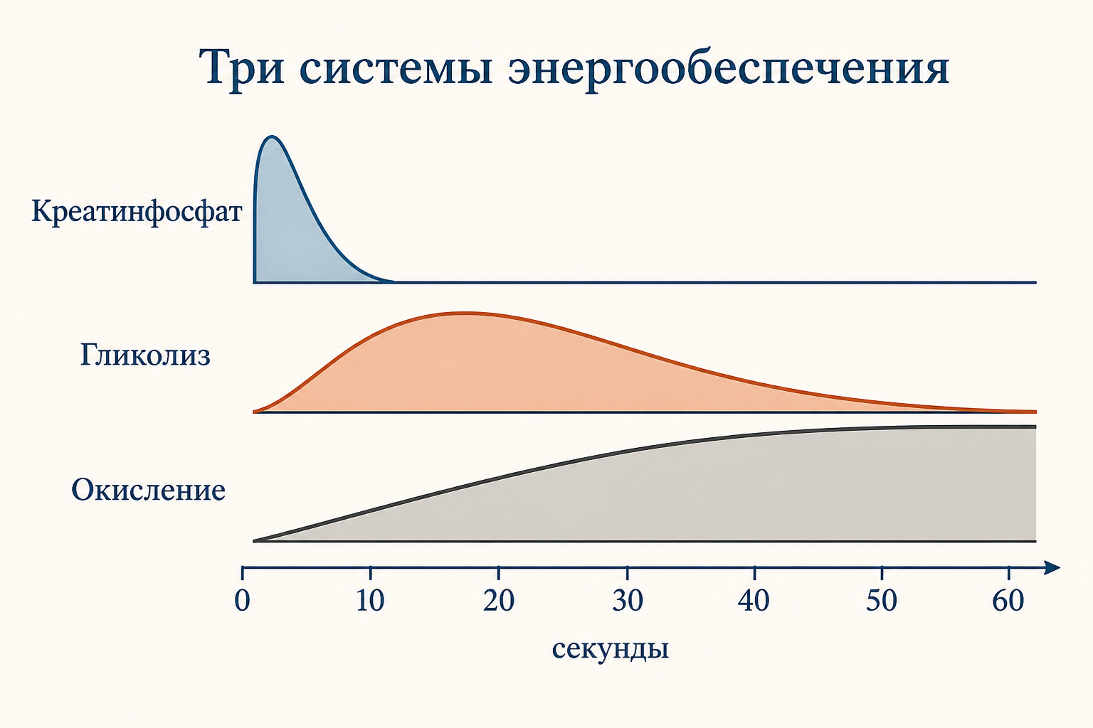 Три системы энергообеспечения во времени: креатинфосфат даёт пик в первые секунды, затем включаются гликолиз и окисление