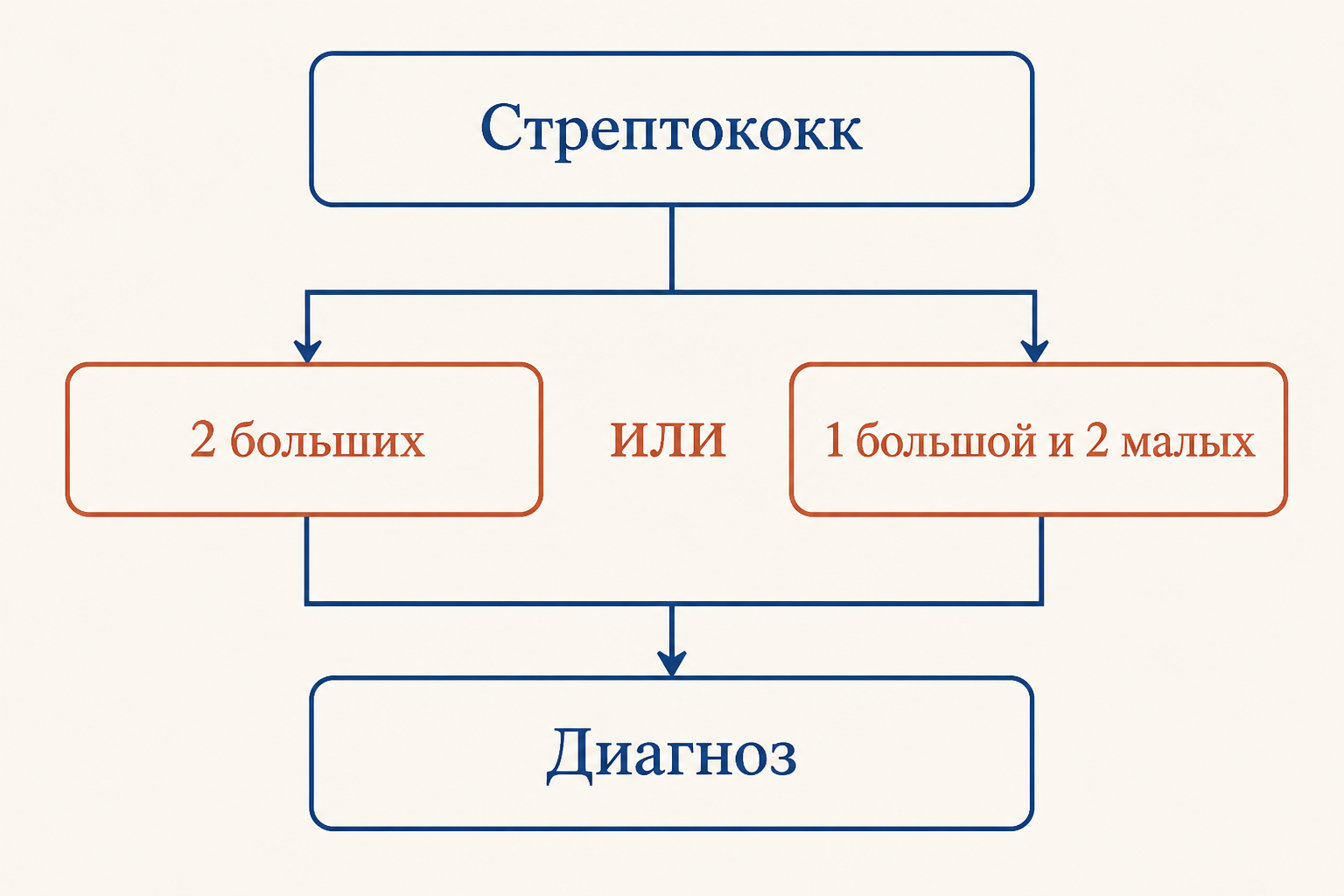 Схема диагностической логики: подтверждённая стрептококковая инфекция плюс два больших критерия или один большой и два малых дают диагноз