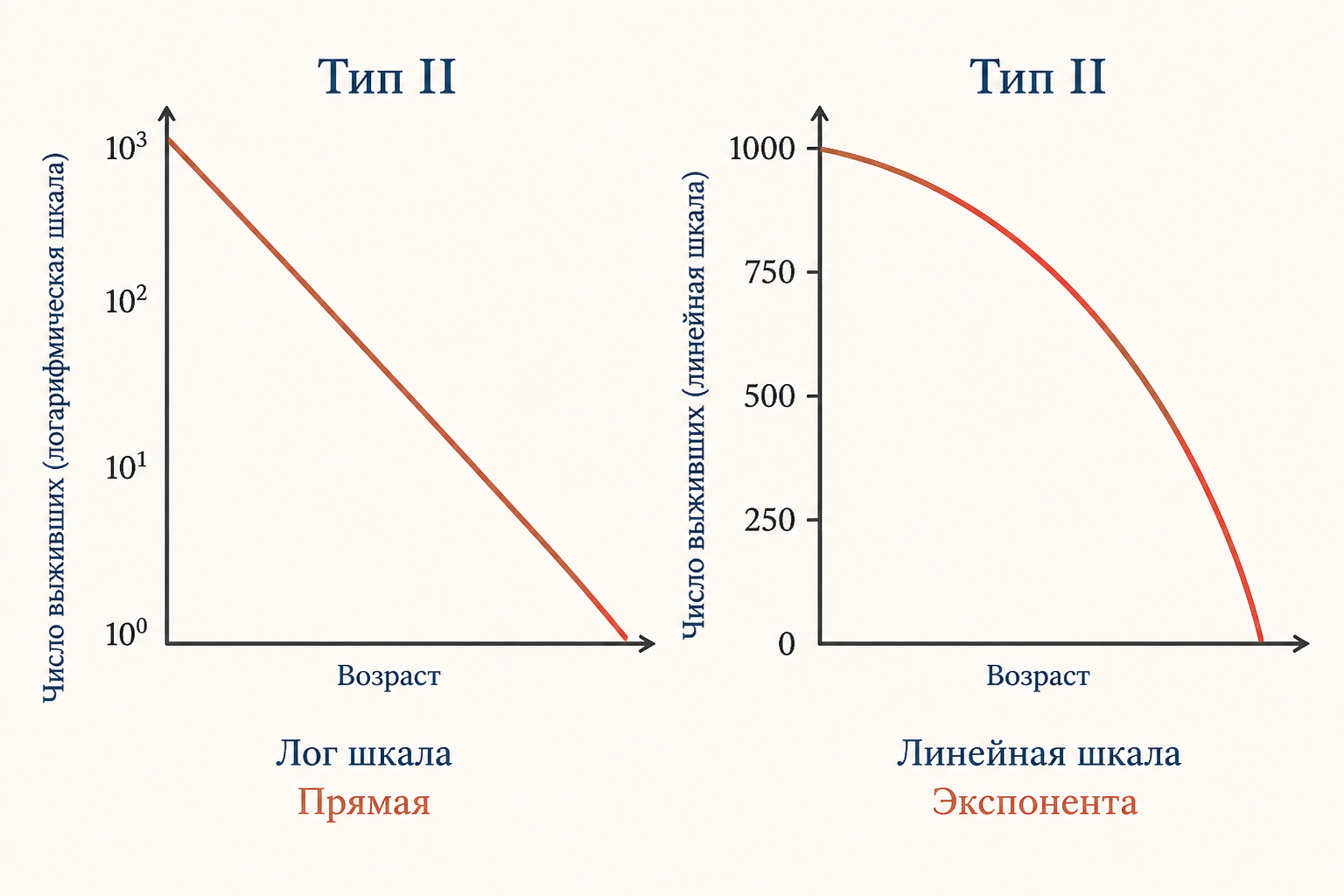 Тип II как прямая на логарифмической оси и экспоненциальное падение в линейном масштабе