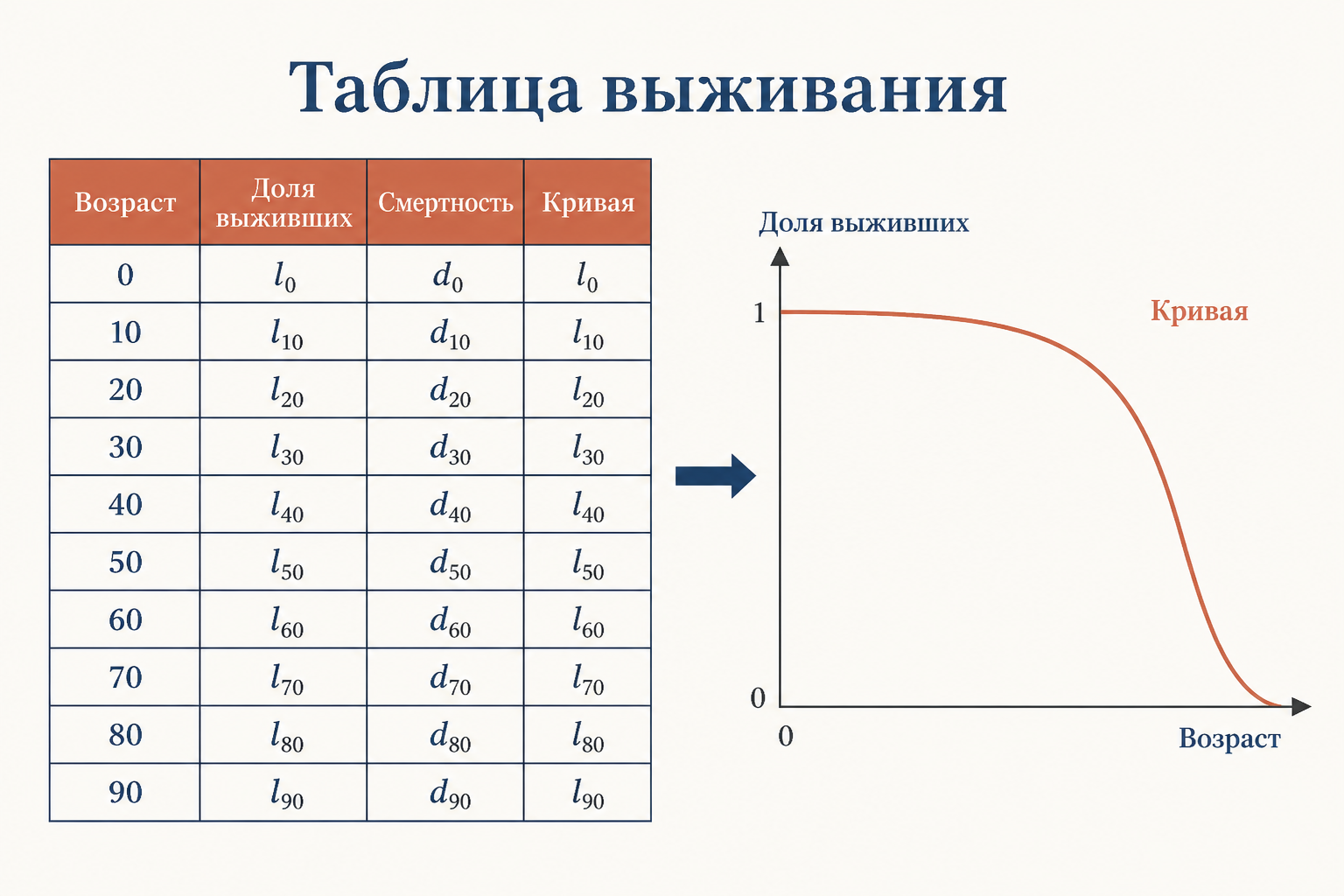 Таблица выживания и построение кривой: колонки возраст, доля выживших, смертность